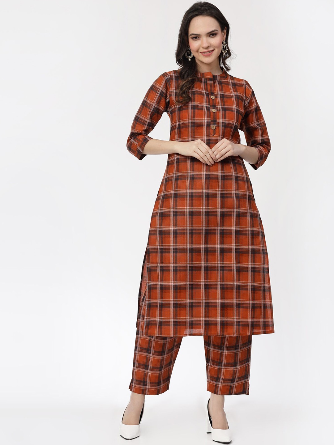 

KALINI Checked Pure Cotton Kurta with Trousers, Orange