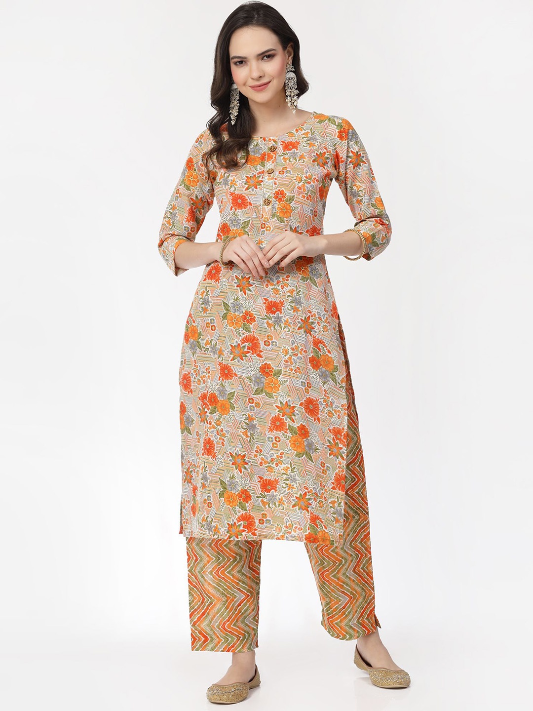 

KALINI Floral Printed Gotta Patti Pure Cotton Kurta with Trousers, White