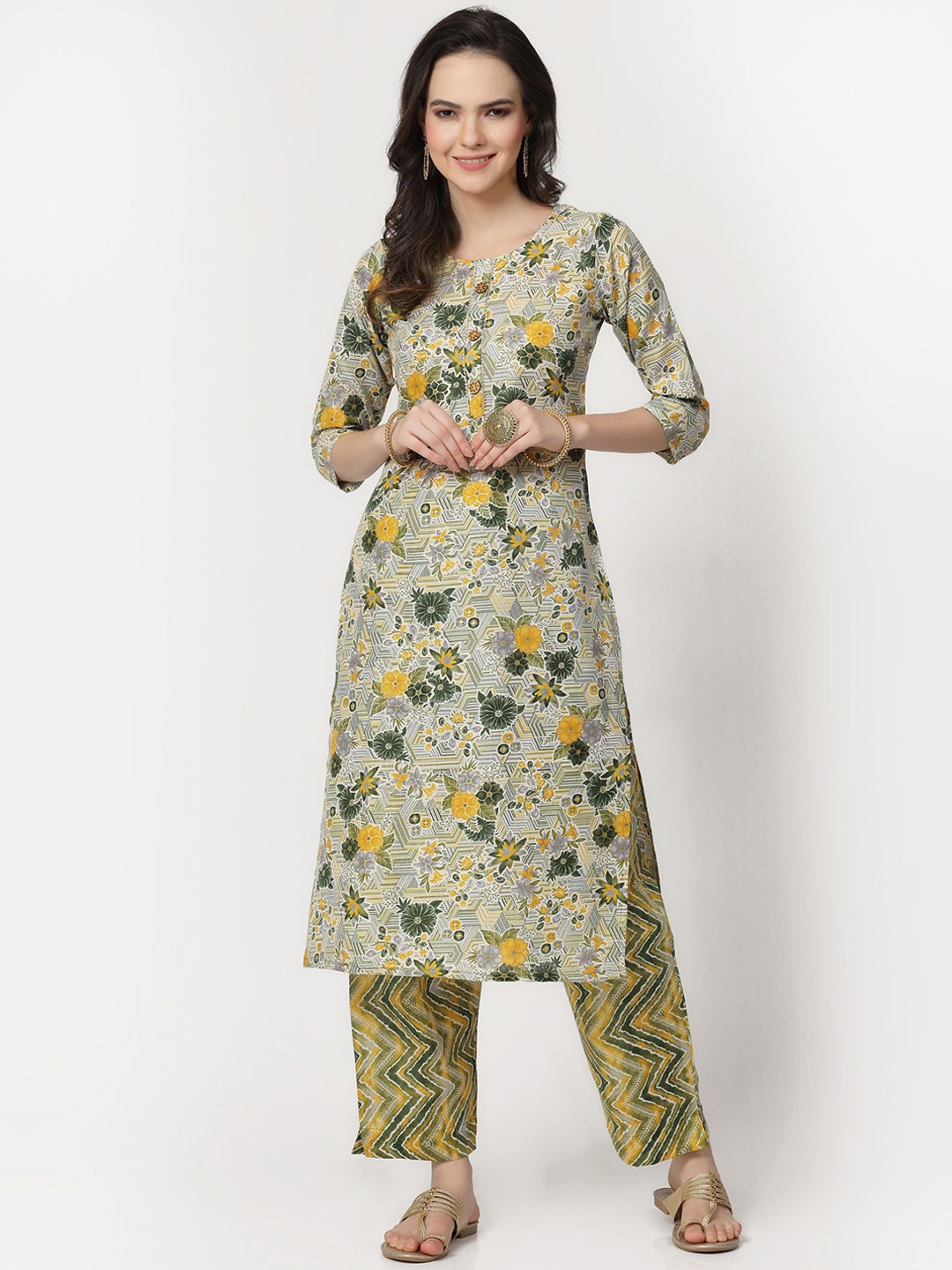 

KALINI Floral Printed Gotta Patti Pure Cotton Kurta with Trousers, White