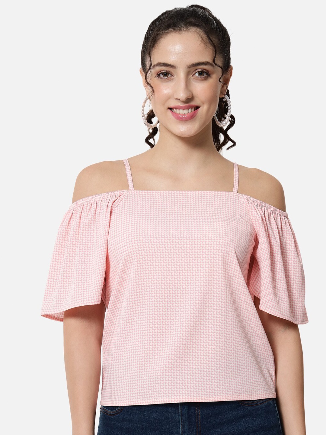 

BAESD Checked Flared Sleeves Bardot Top, Pink