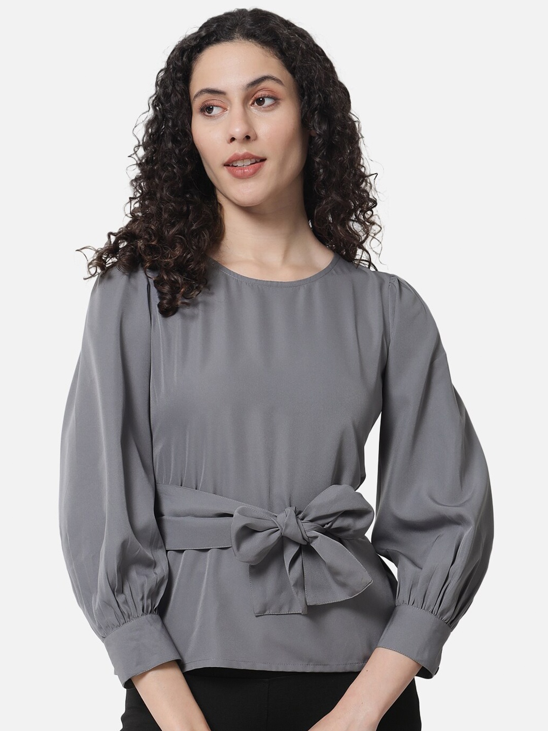 

BAESD Puff Sleeves Waist Tie-Up Top, Grey
