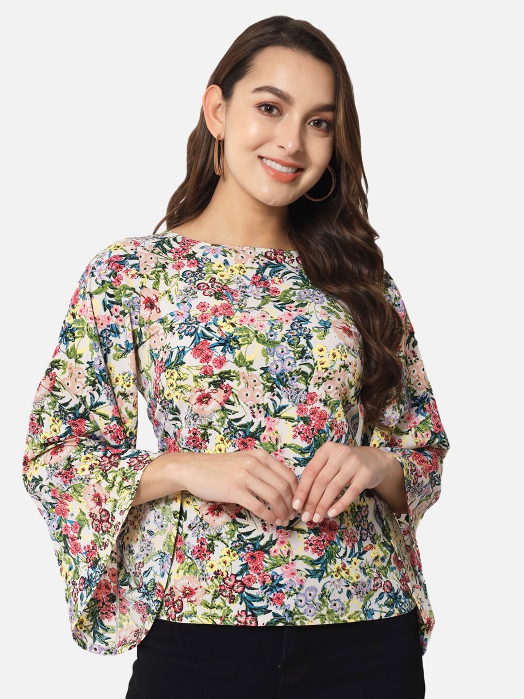 

BAESD Floral Printed Bell Sleeves A-Line Top, White