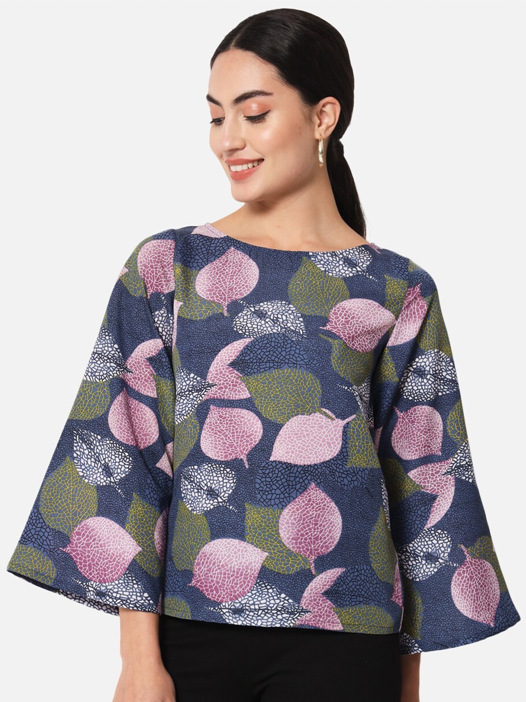 

BAESD Floral Printed Flared Sleeve Crepe A-line Top, Navy blue