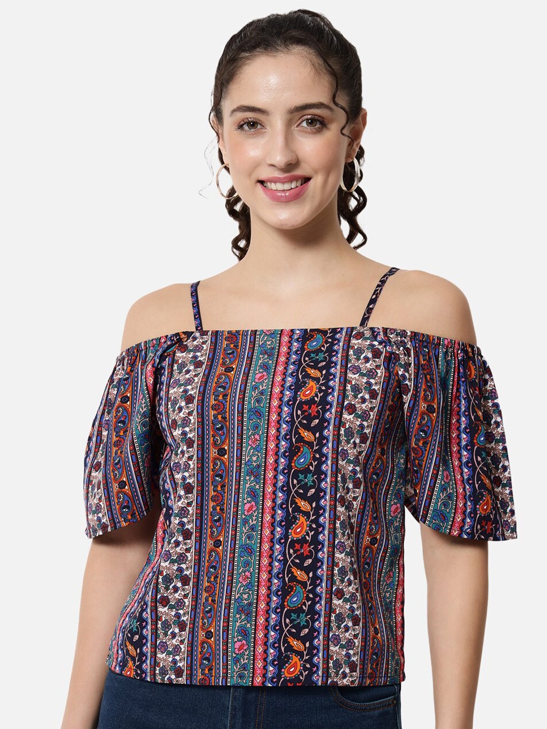 

BAESD Tribal Printed Cold Shoulder Top, Navy blue