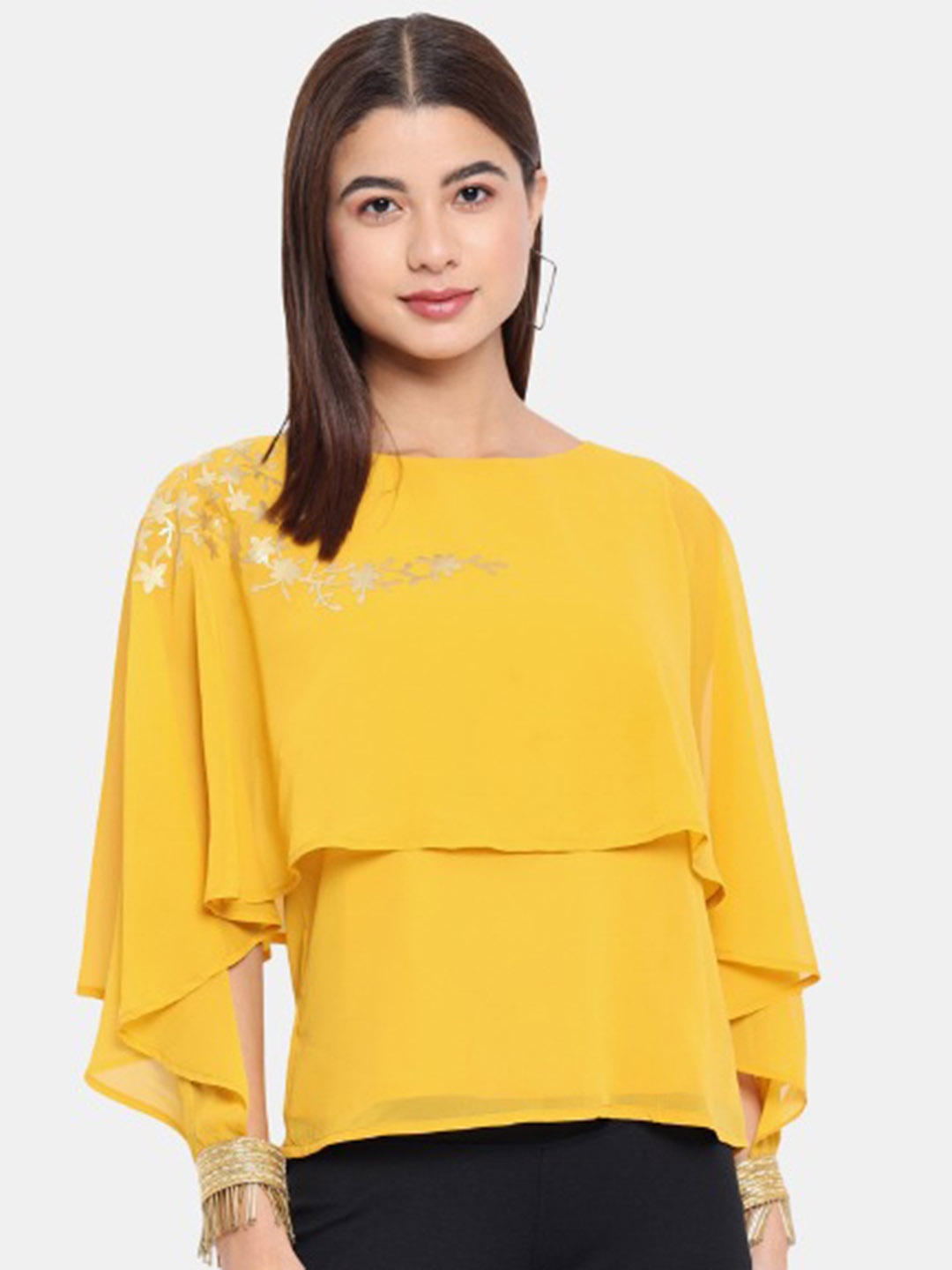 

BAESD Boat Neck Cape Sleeves Top, Yellow