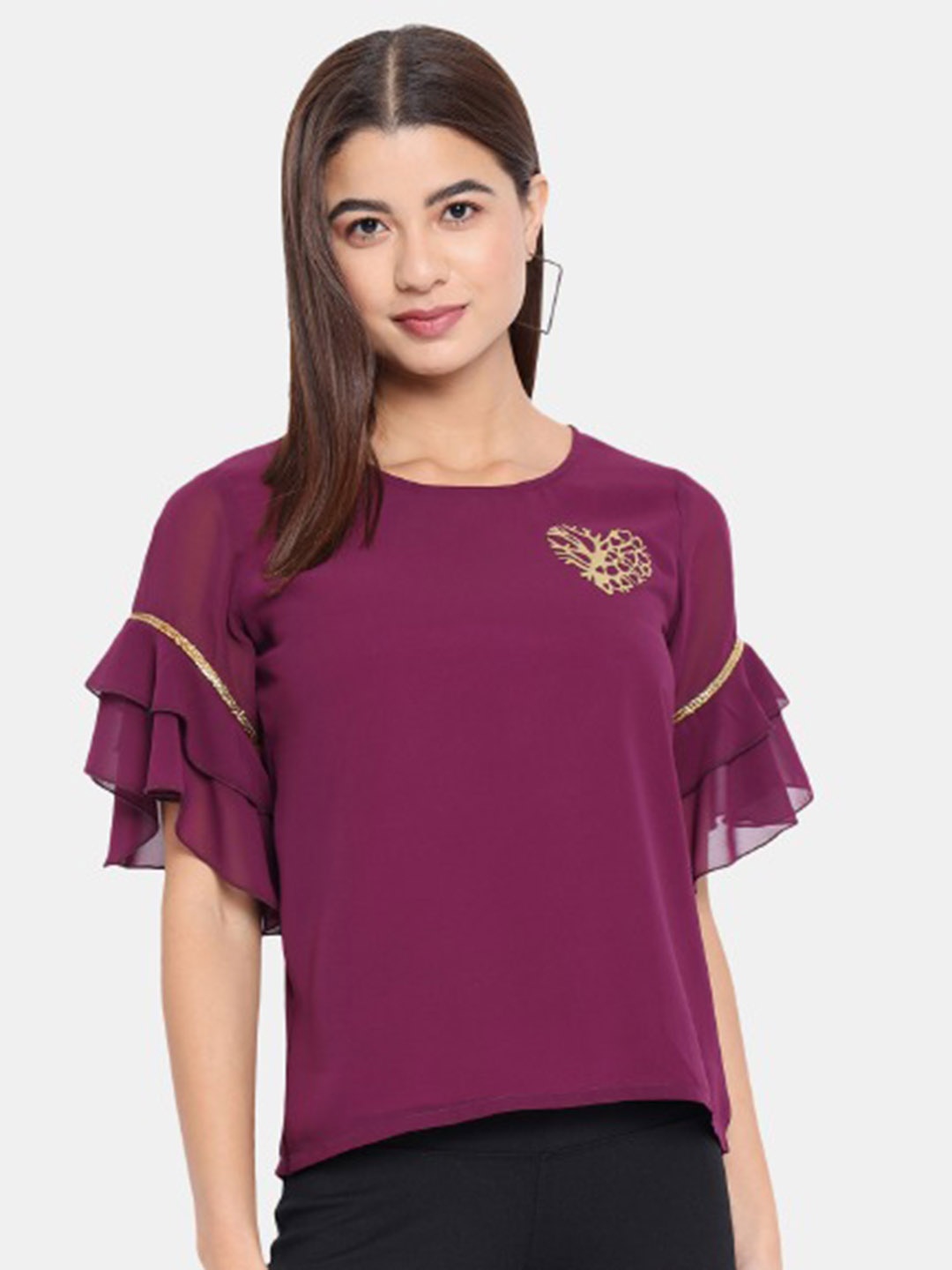 

BAESD Round Neck Flutter Sleeve Top, Purple