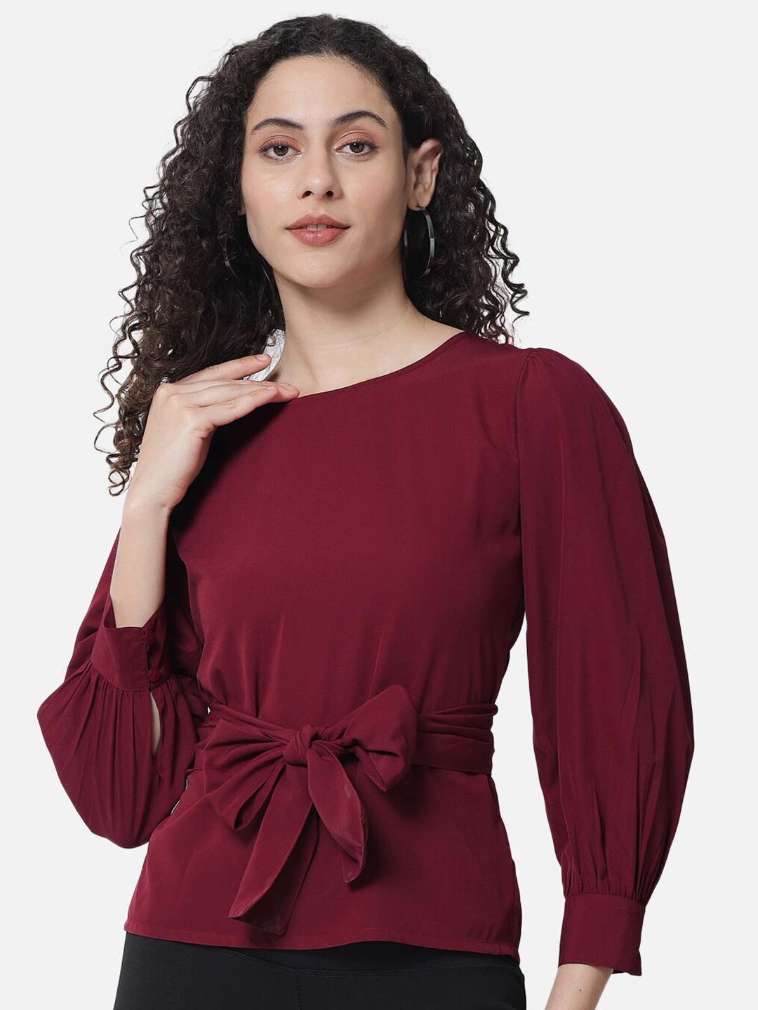 

BAESD Cuffed Sleeves Tie-Ups Crepe Top, Maroon