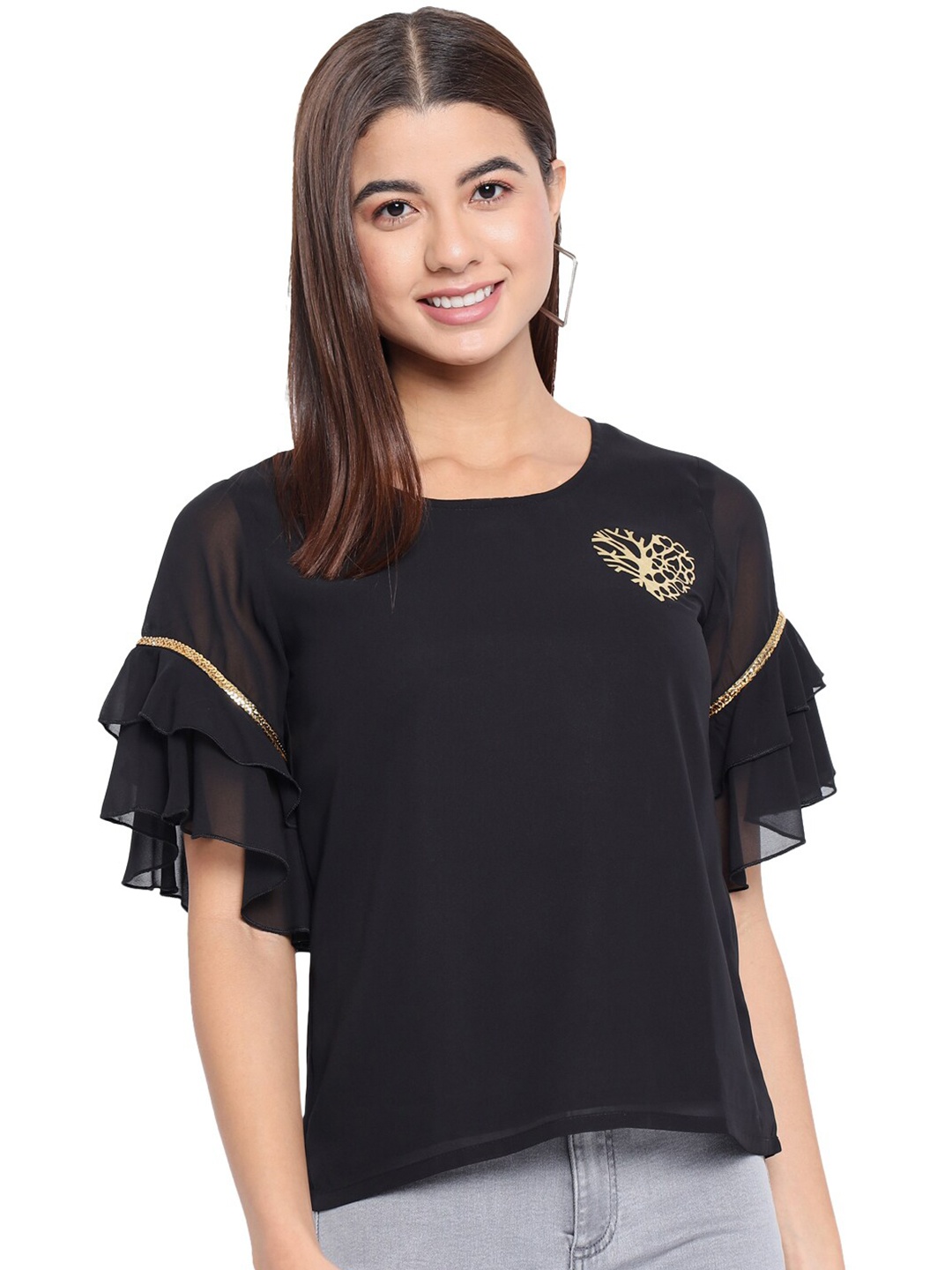 

BAESD Flutter Sleeves Georgette Top, Black