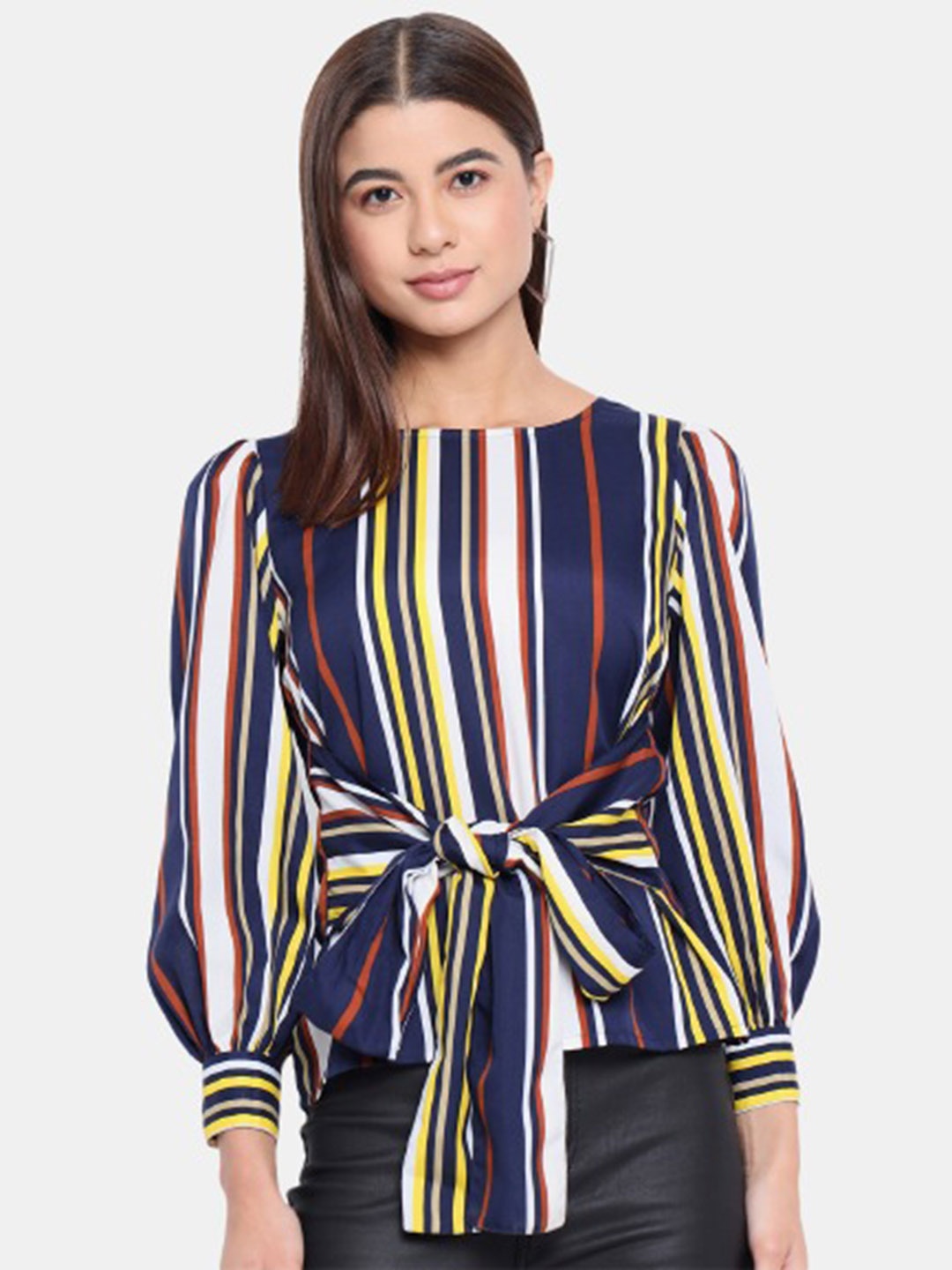 

BAESD Striped Cuffed Sleeve Crepe Top, Navy blue