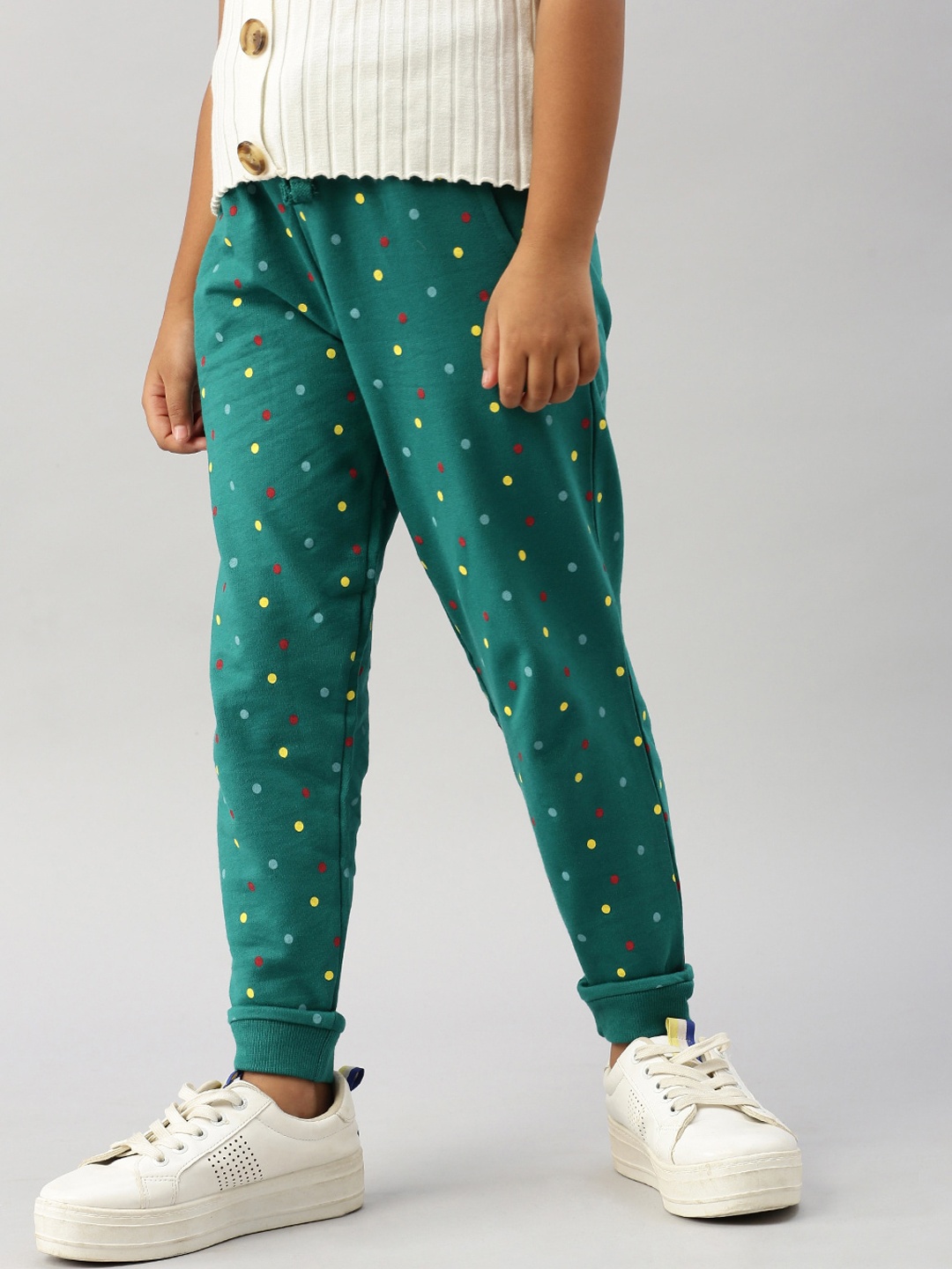 

PIPIN Girls Polka Dots Printed Regular Fit Cotton Joggers, Green