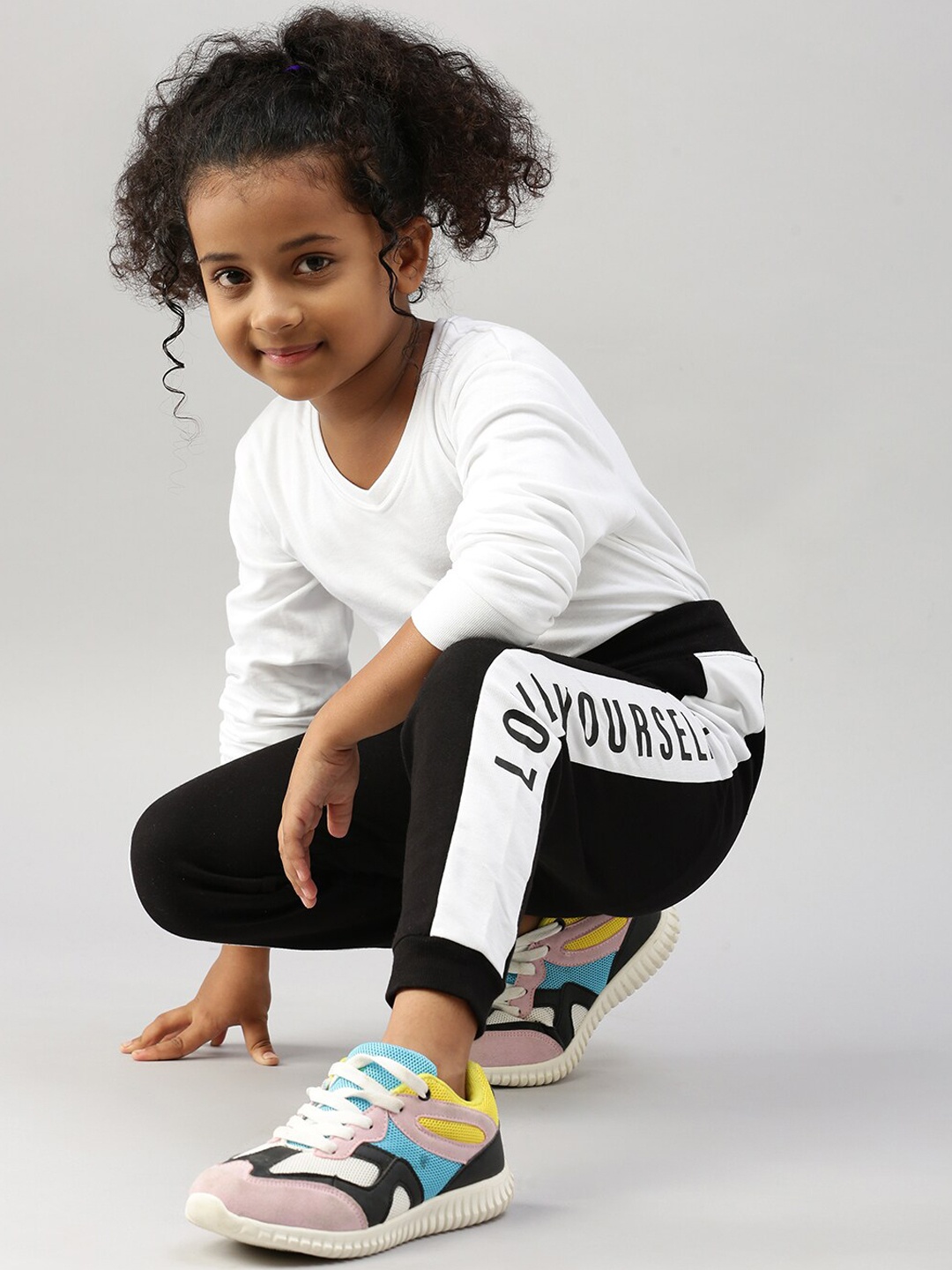 

PIPIN Girls Side Panel Printed Details Cotton Joggers, Black
