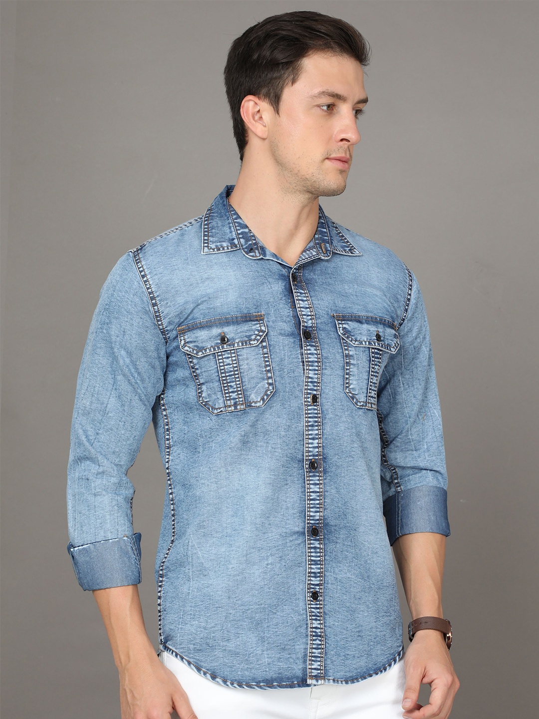 

Reslag Faded Spread Collar Opaque Denim Casual Shirt, Blue