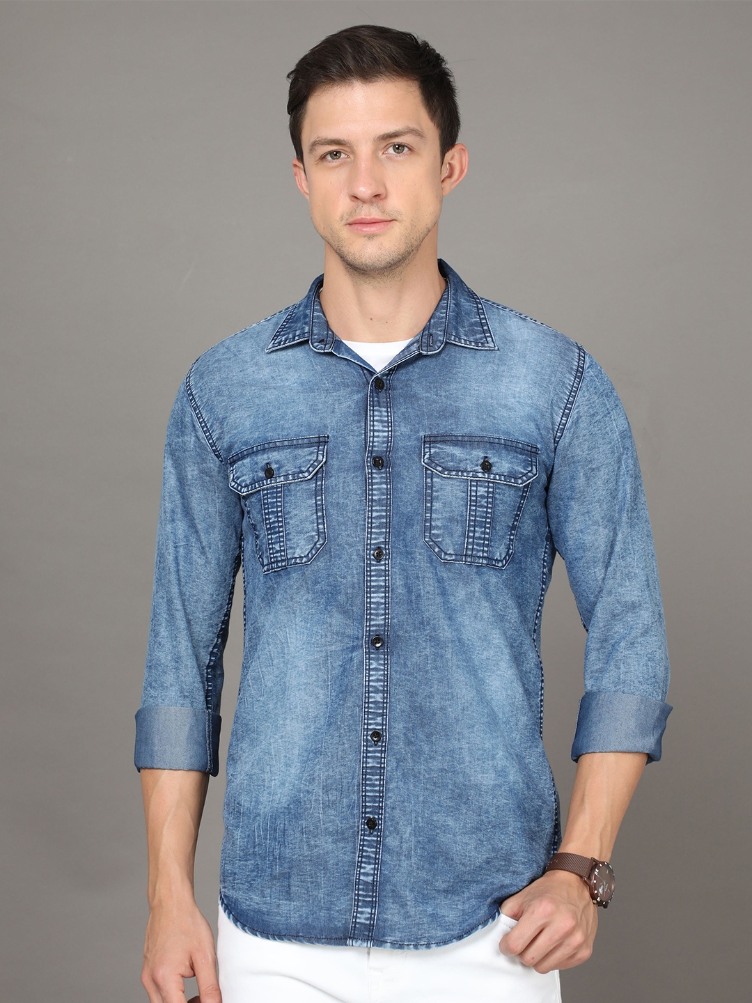 

Reslag Faded Spread Collar Opaque Denim Casual Shirt, Blue