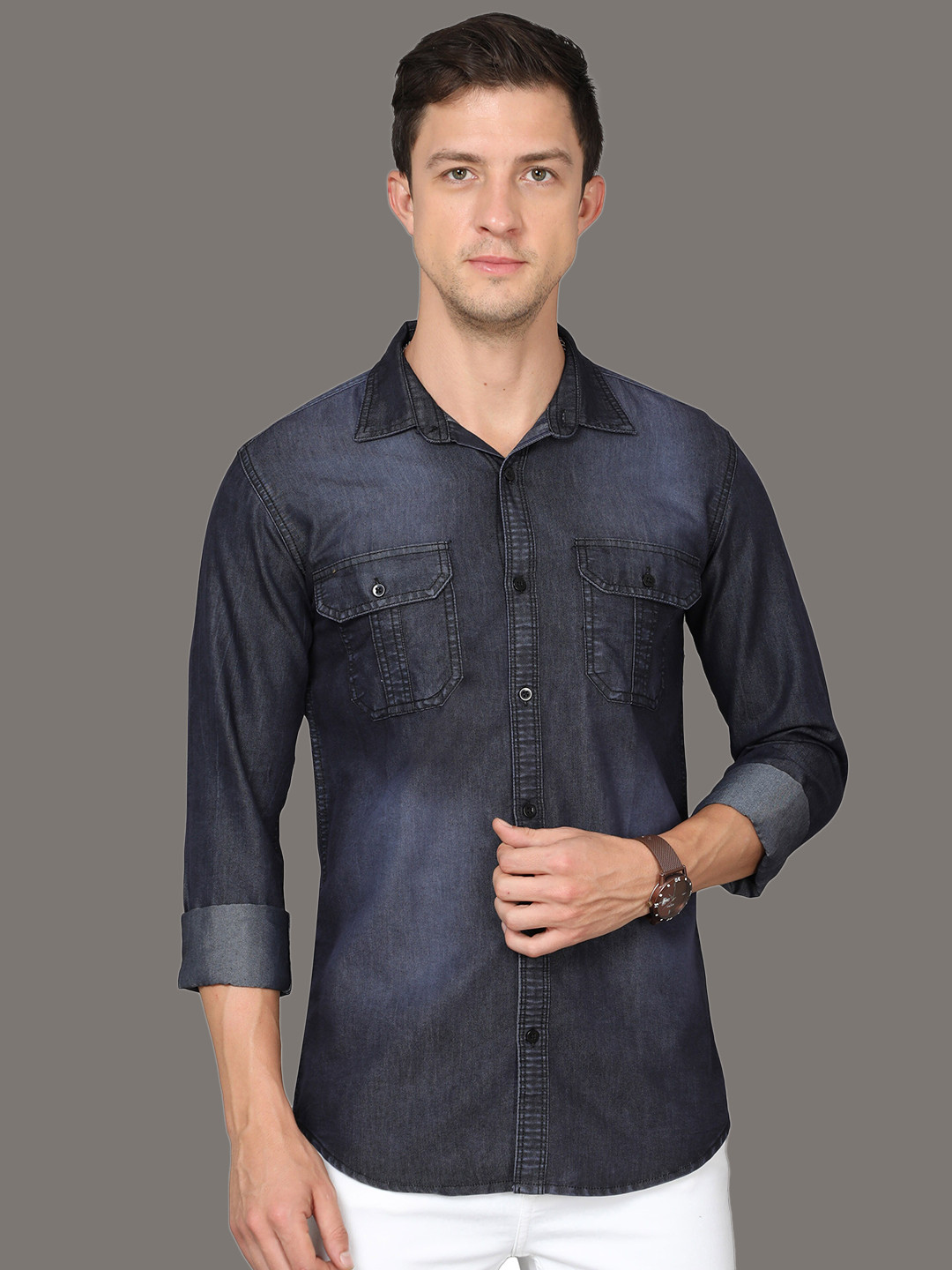 

Reslag Faded Spread Collar Opaque Denim Casual Shirt, Navy blue