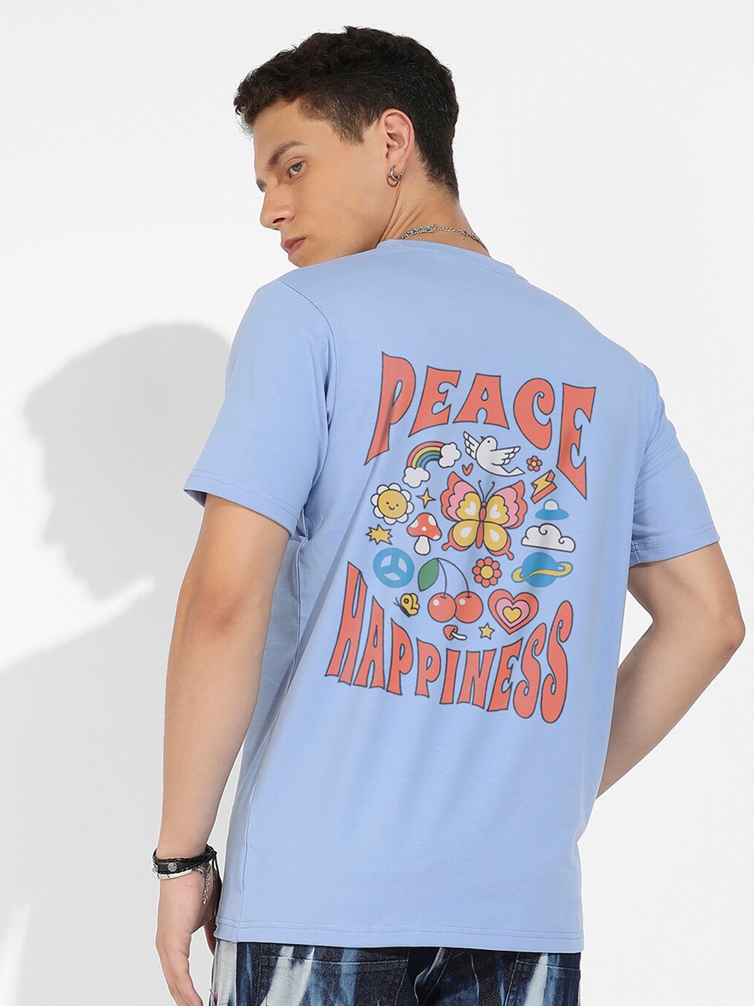 

Campus Sutra Blue & Coral Typographic Printed Cotton T-shirt