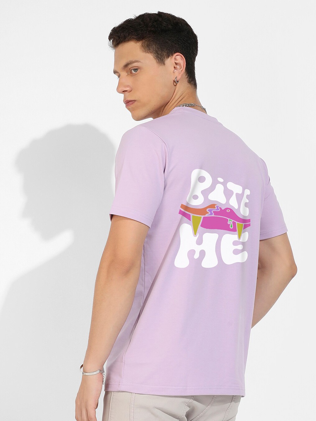 

Campus Sutra Lavender & White Typography Printed Cotton T-shirt