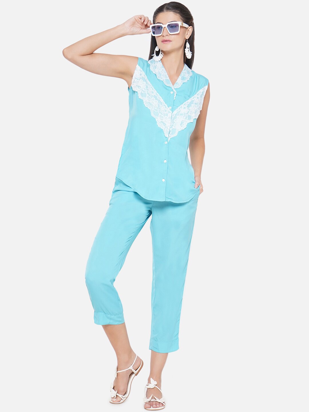 

bellamia Lace Detailed Shirt With Trousers, Blue