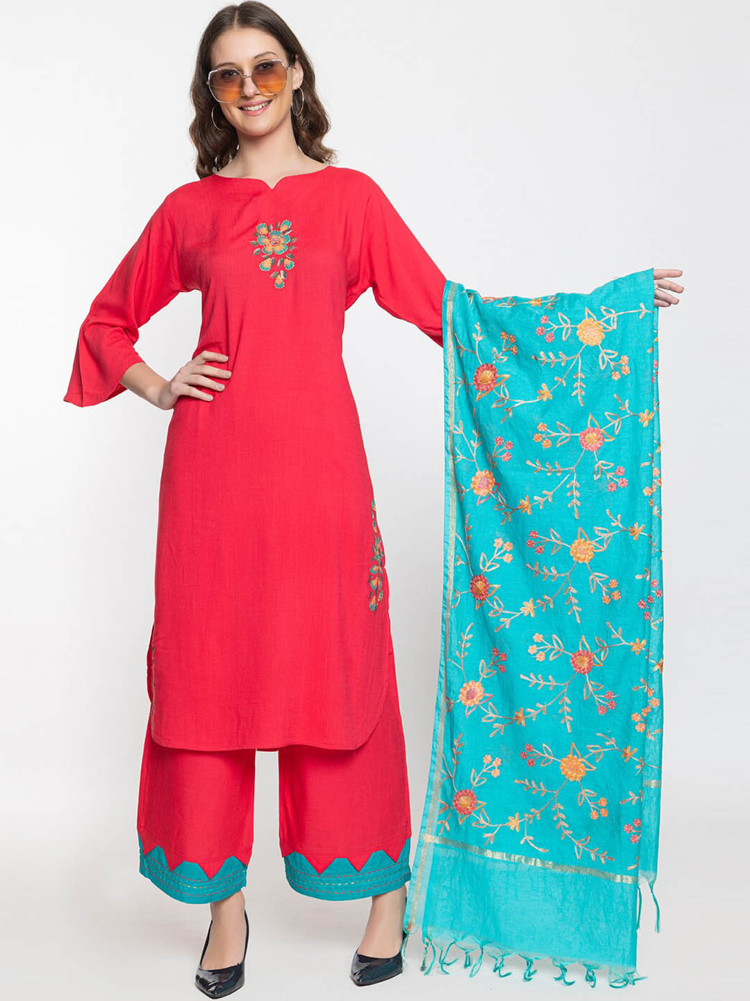 

Elthia Floral Printed Thread Work Kurta with Palazzos & Dupatta, Pink