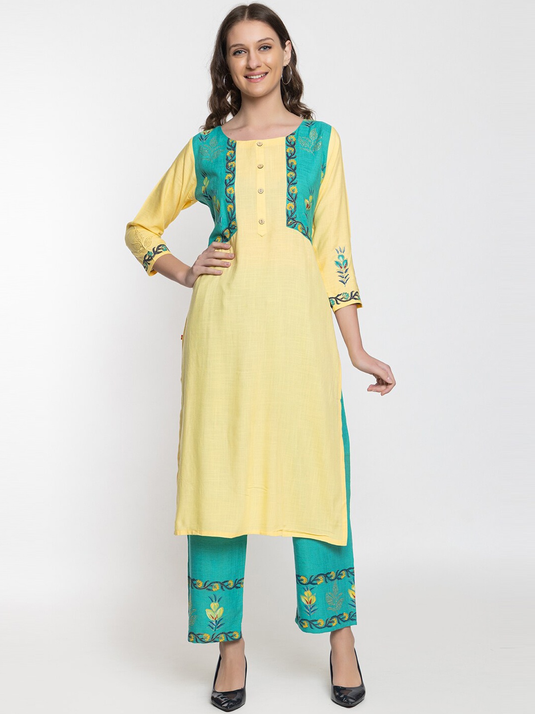 

Elthia Floral Printed Round Neck Pure Cotton Straight Kurta with Palazzos, Yellow