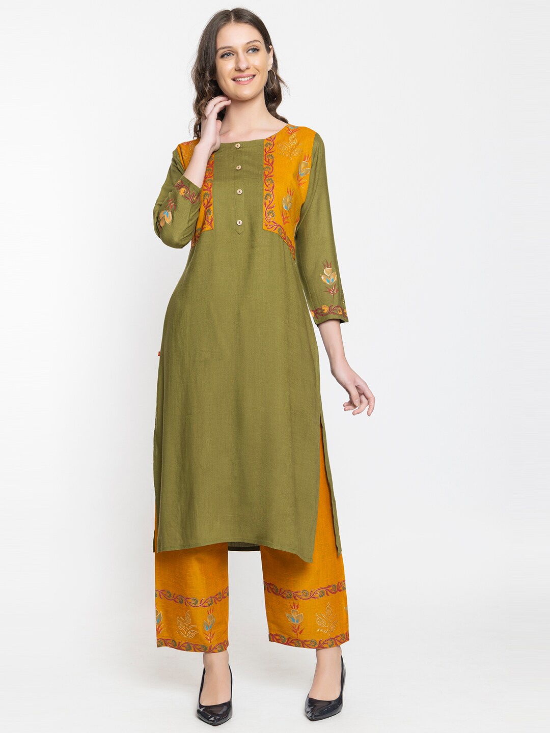 

Elthia Round Neck Floral Printed Regular Pure Cotton Kurta with Trousers, Green