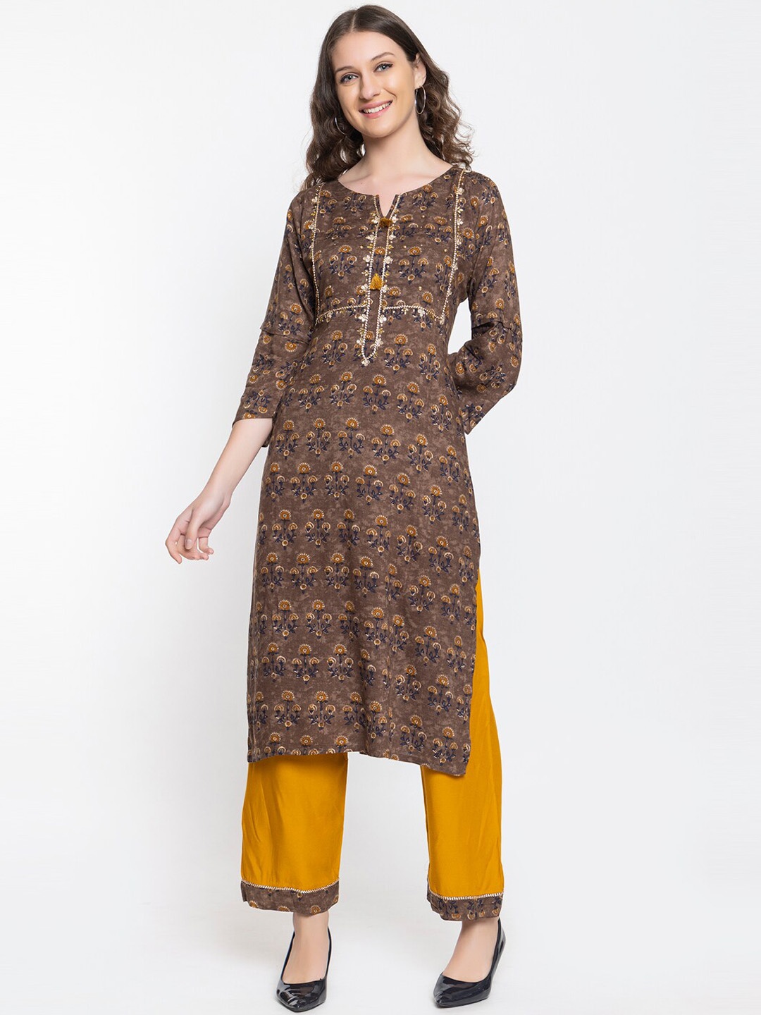 

Elthia Floral Printed Thread Work Pure Silk Kurta with Palazzos, Brown