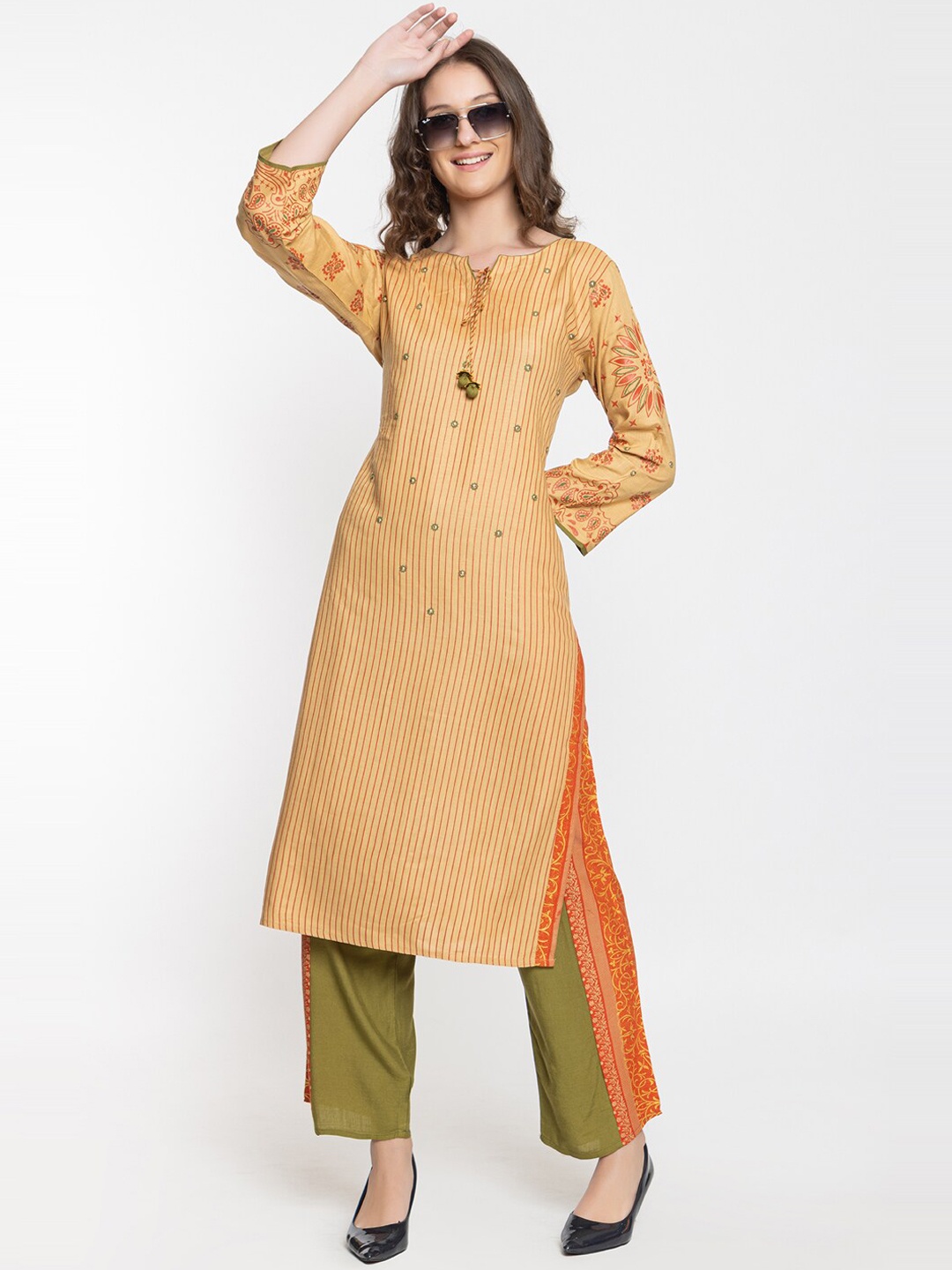 

Elthia Ethnic motifs printed Beads Detail Tie-Up Neck Straight Kurta with Palazzos, Beige