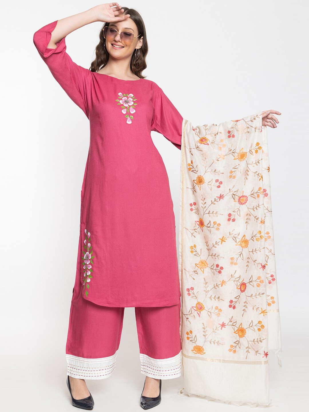 

Elthia Floral Printed Regular Kurta with Palazzos & With Dupatta, Pink