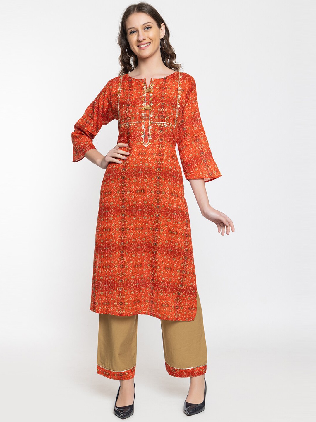 

Elthia Round Neck Floral Printed Gotta Patti Regular Pure Cotton Kurta with Trouser, Red