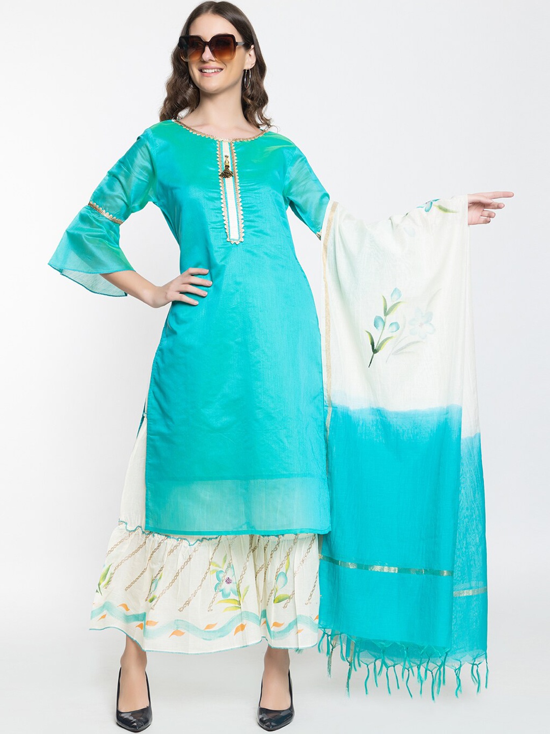 

Elthia Round Neck Regular Gotta Patti Pure Silk Kurta & Palazzos With Dupatta, Blue