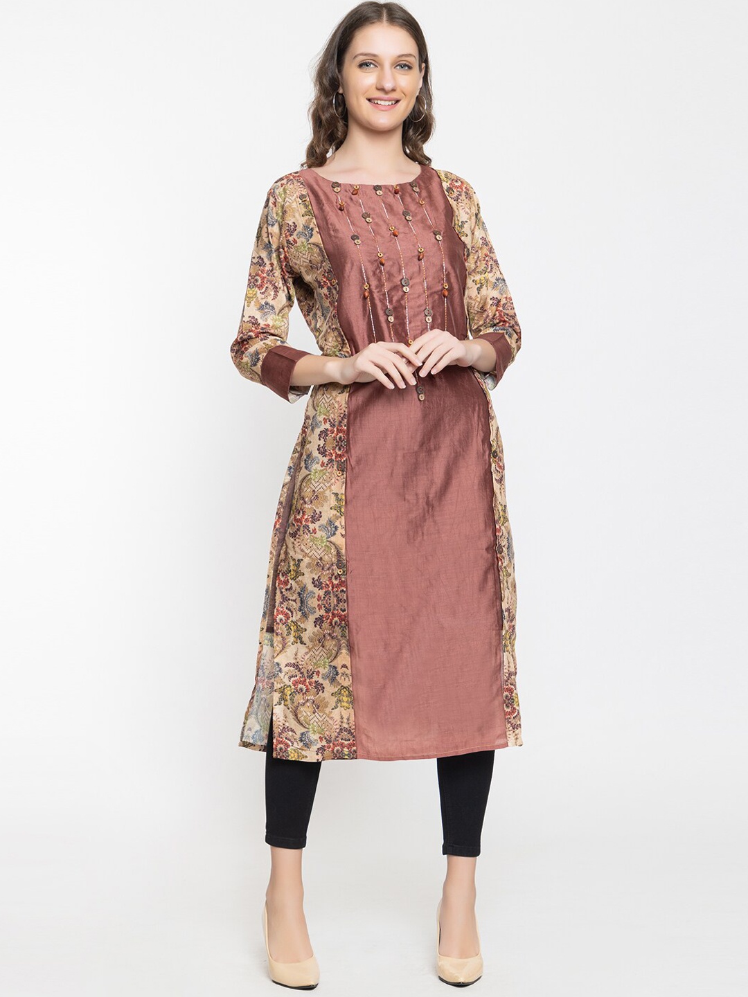 

Elthia Round Neck Ethnic Motifs Printed Beads And stones Pure Silk Kurta With Leggings, Brown