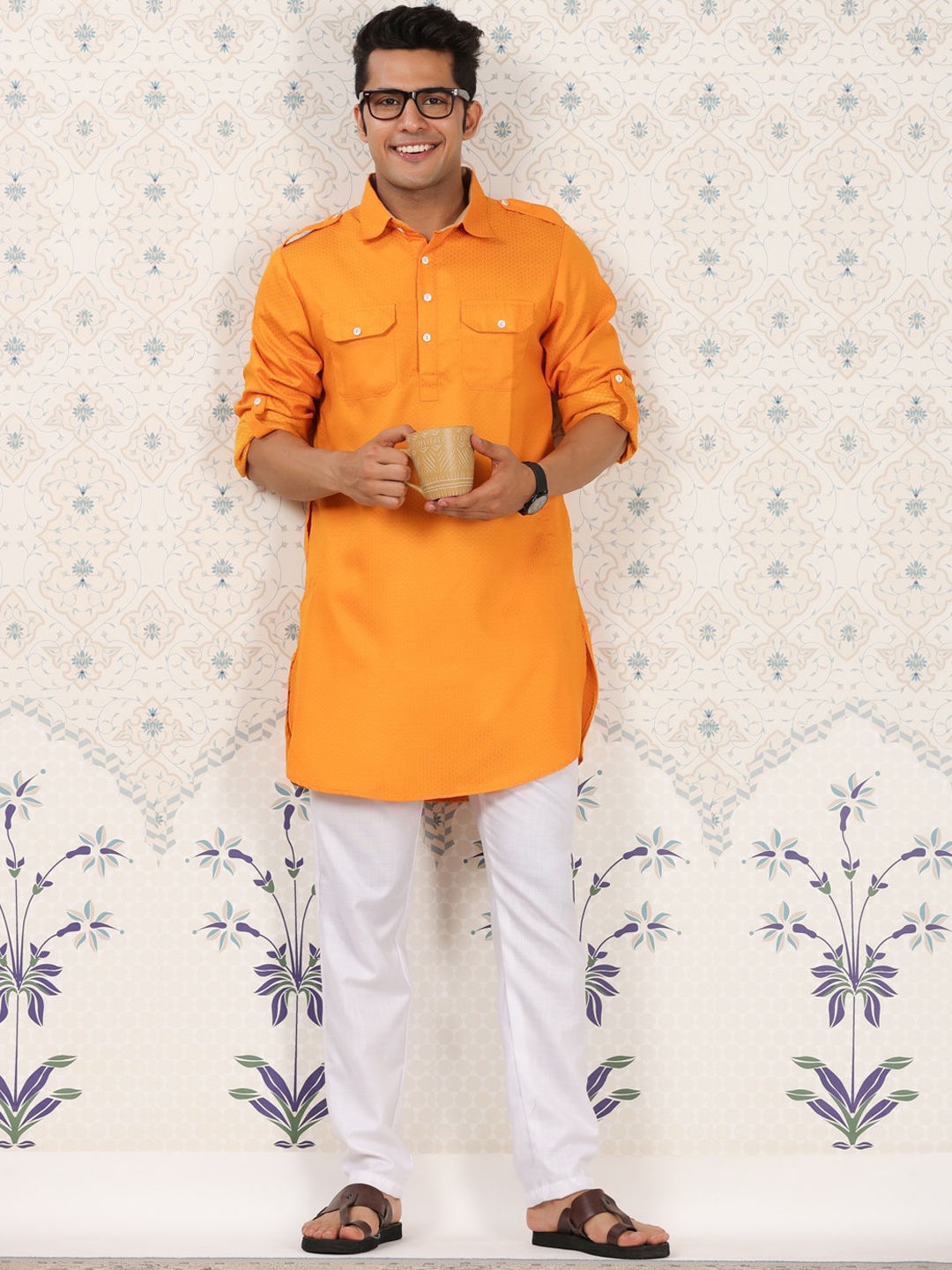 

Ode by House of Pataudi Pathani Kurta With Salwar, Orange