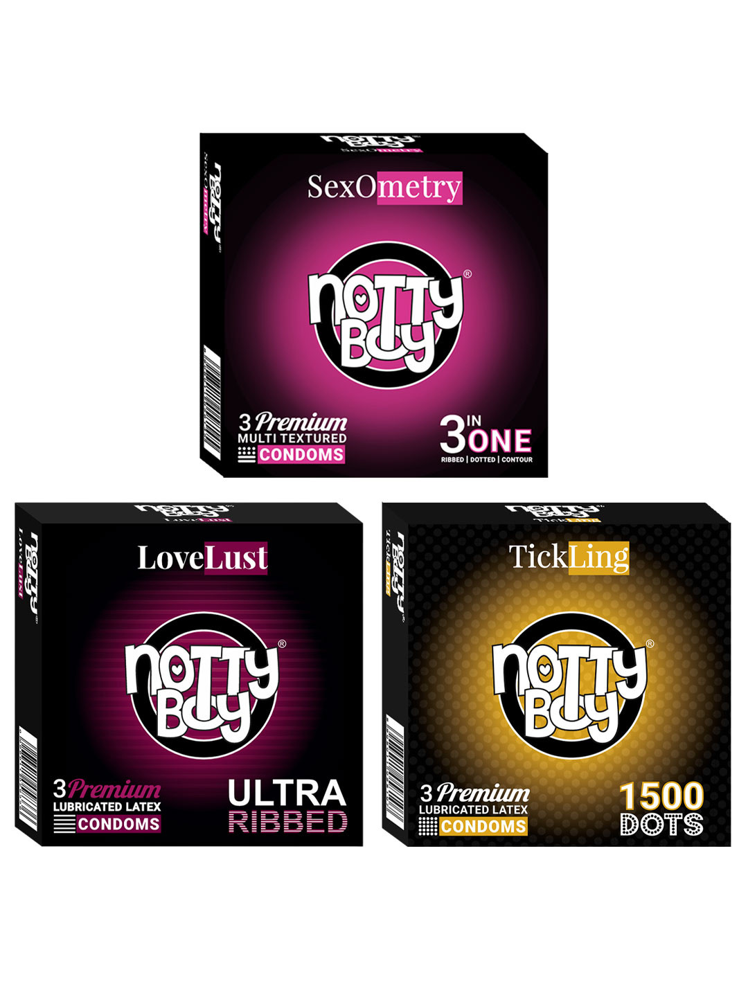 

noTTy Boy Set of 3 Ribbed Dotted Premium Lubricated Latex Condoms - 3 pcs each, Black