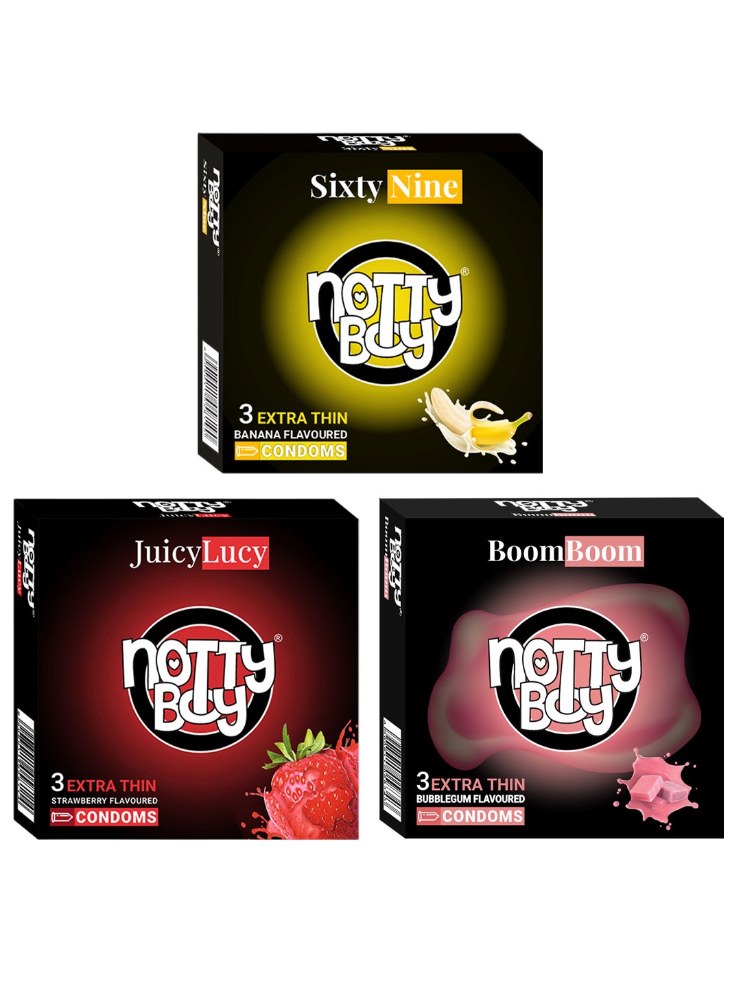 

noTTy Boy Set of 3 Extra Thin Flavoured Condoms - Strawberry+Bubblegum+Banana, Black