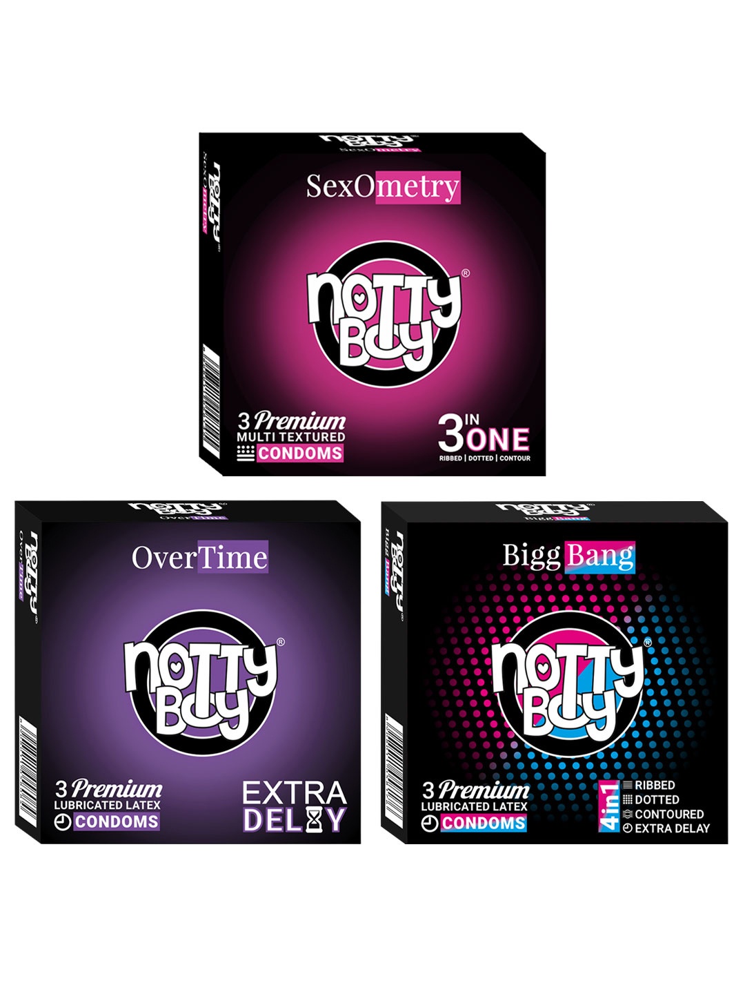 

noTTy Boy Set of 3 Lubricated Condoms - OverTime + SexOmetry + Bigg Bang - 3Pcs each, Black