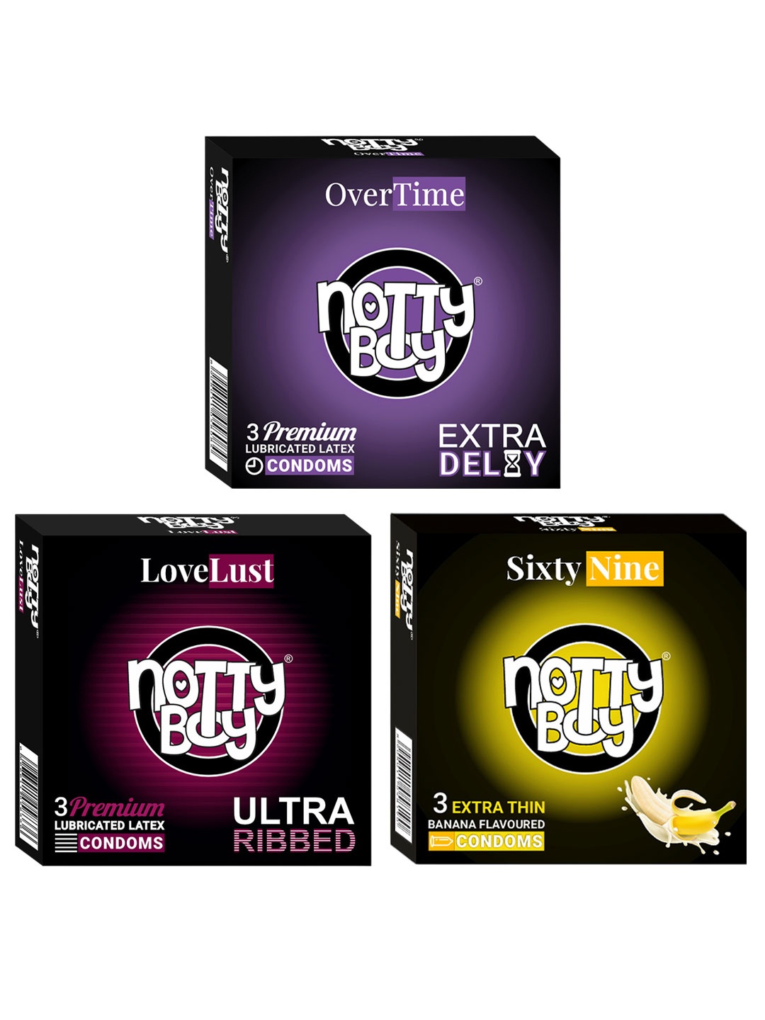 

noTTy Boy Set of 3 Lubricated Condoms - Ribbed + Over Time + Extra Thin Banana - 3Pcs each, Black