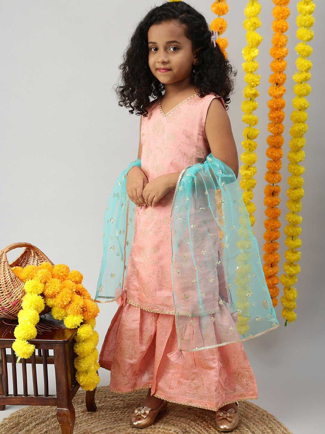 

PIPIN Girls Woven Design Zari Kurta with Sharara & With Dupatta, Rose