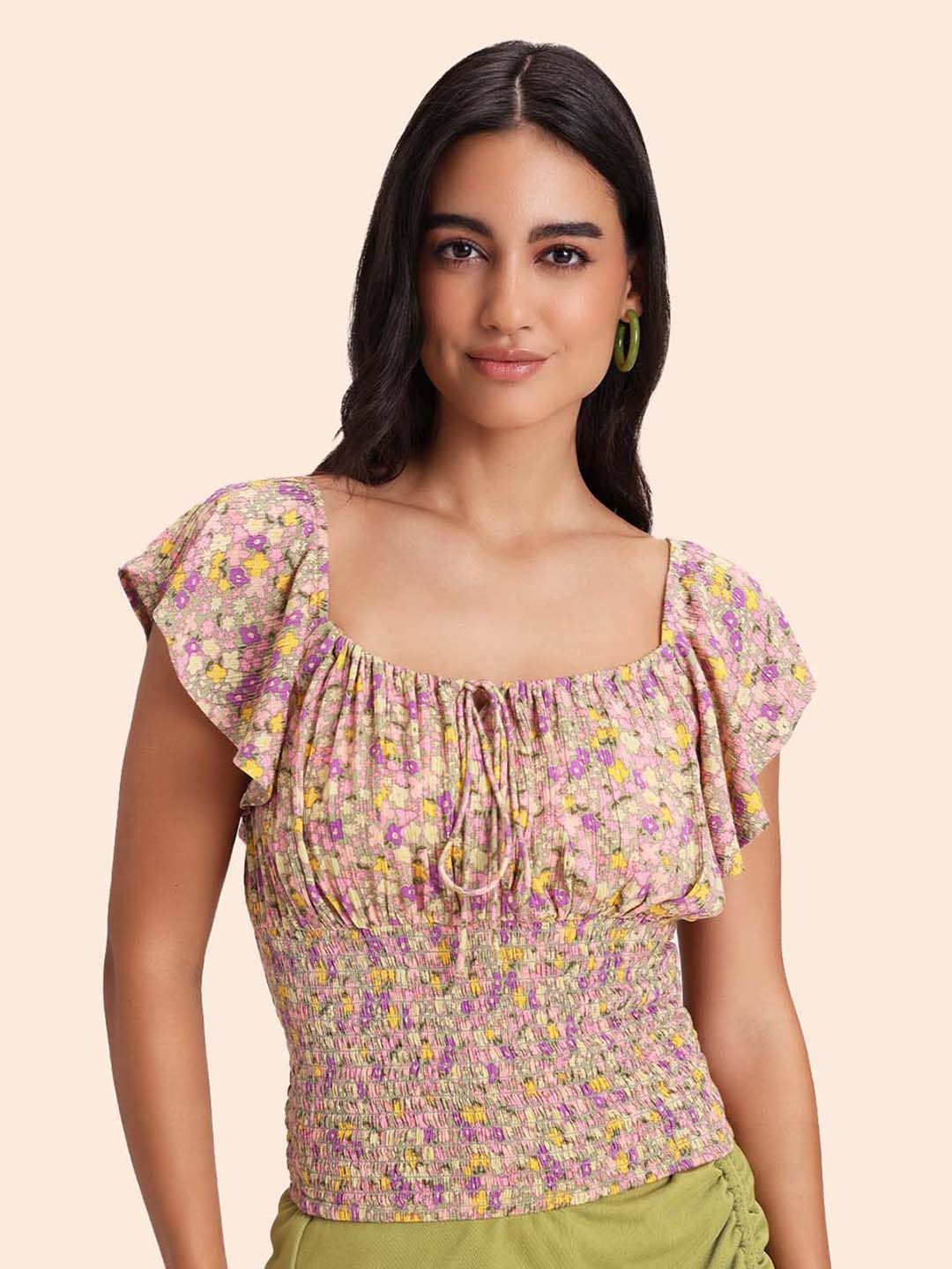 

20Dresses Beige Floral Printed Flutter Sleeve Smocked Fitted Top
