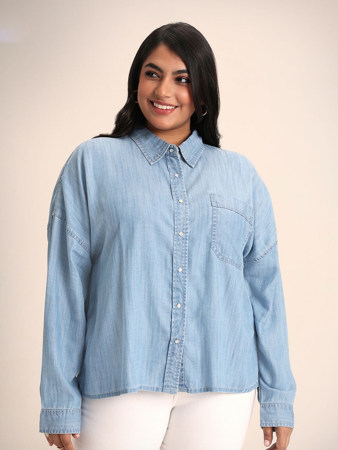 

20Dresses Spread Collar Drop-Shoulder Sleeves Denim Casual Shirt, Blue