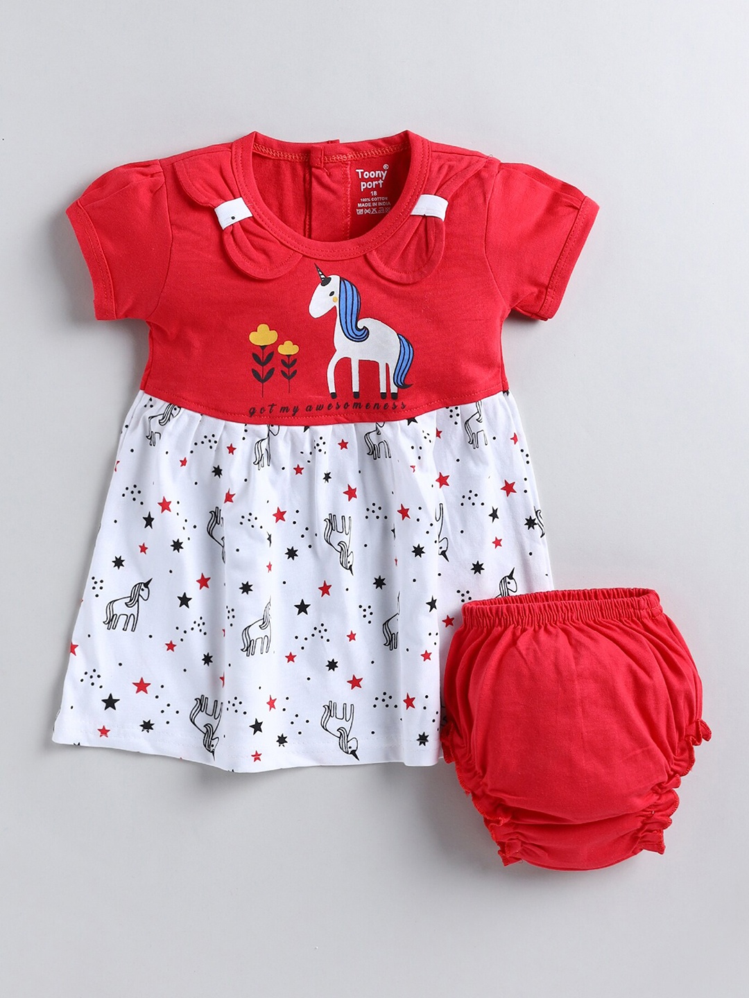 

Toonyport Girls Conversational Print Cotton Fit & Flare Dress Come With Brief, Red
