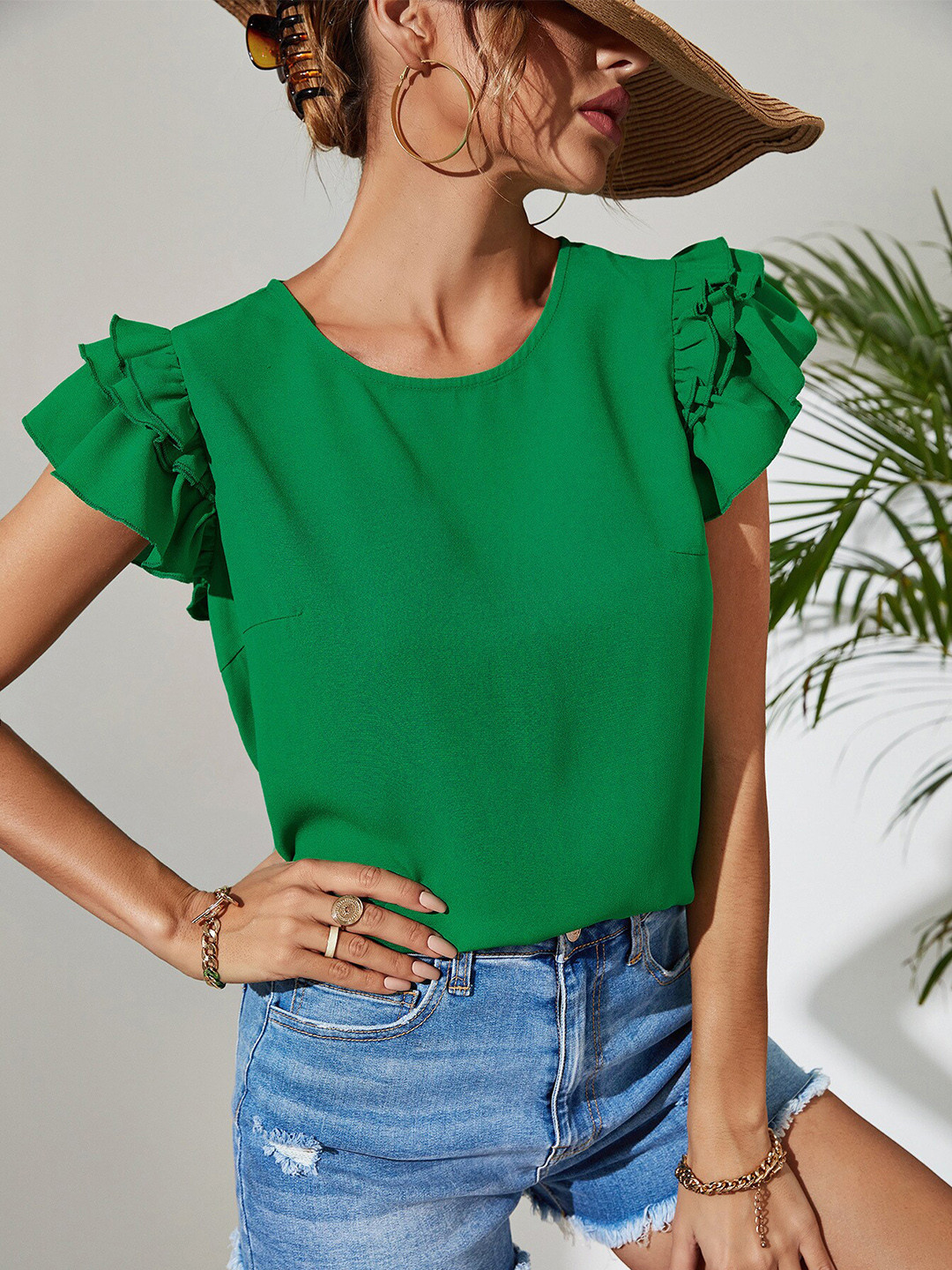 

StyleCast Flutter Sleeves Ruffles Top, Green