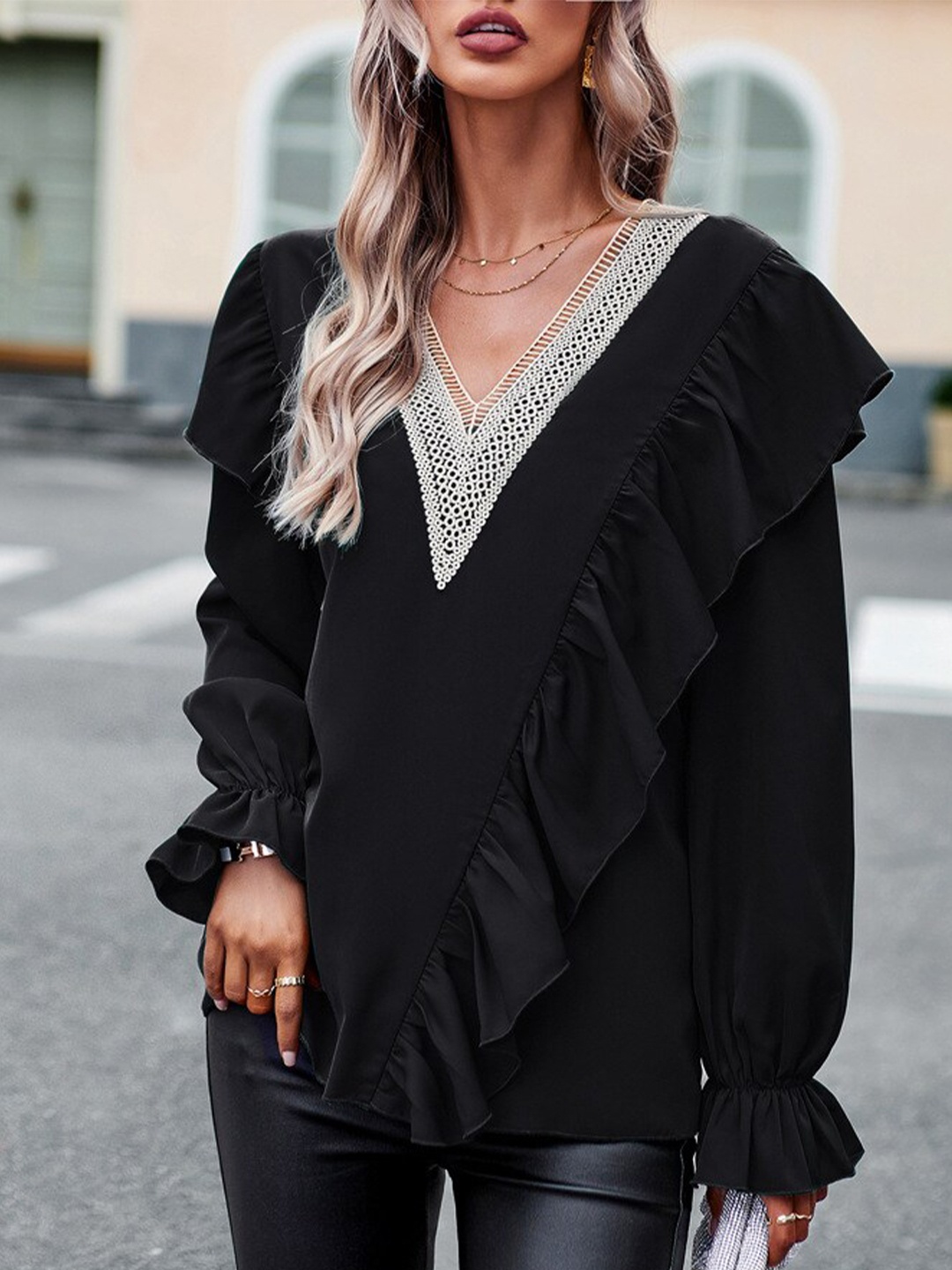 

BoStreet V-Neck Ruffles Top, Black