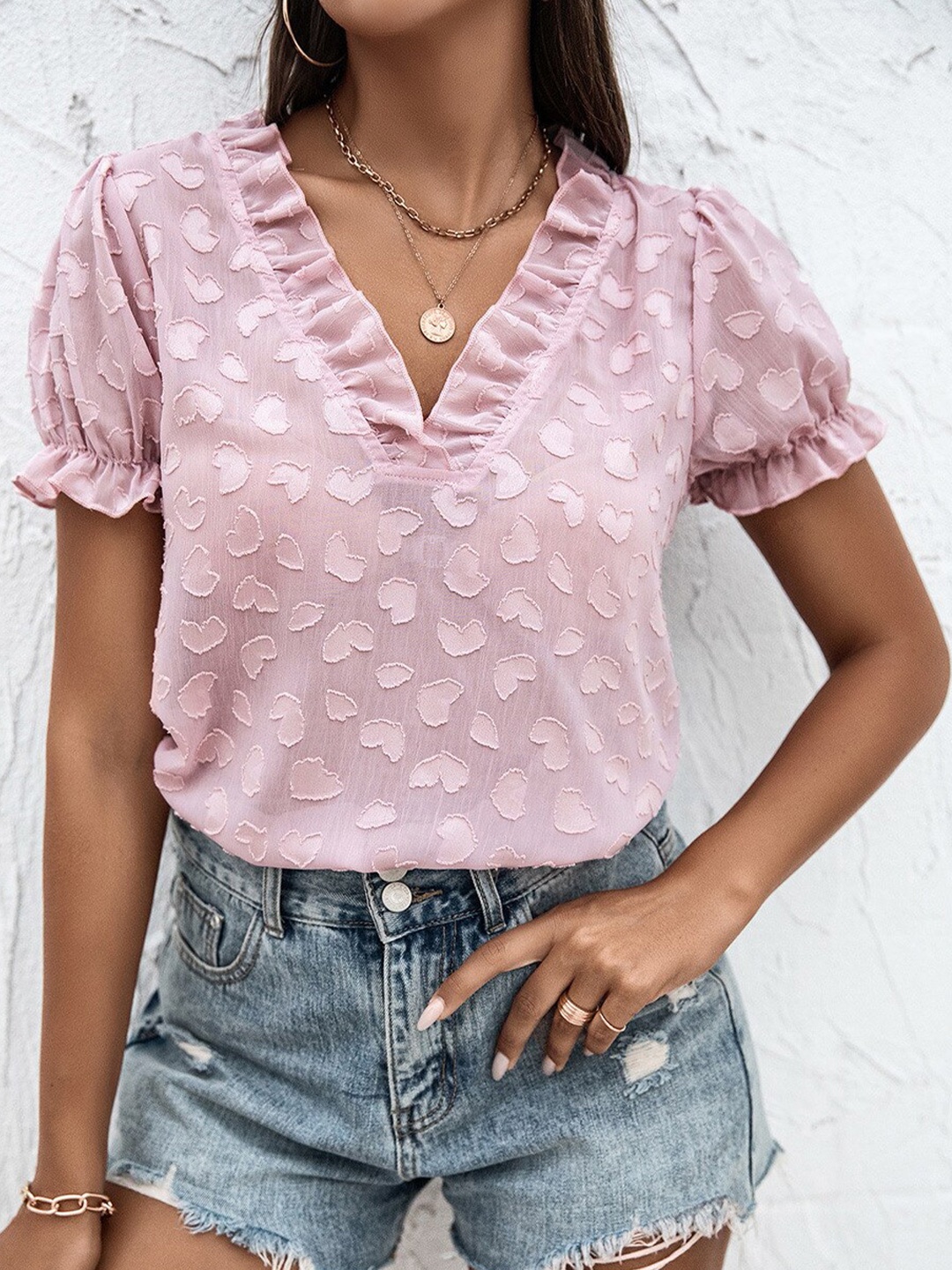 

StyleCast Self Design Ruffles Puff Sleeve Top, Pink
