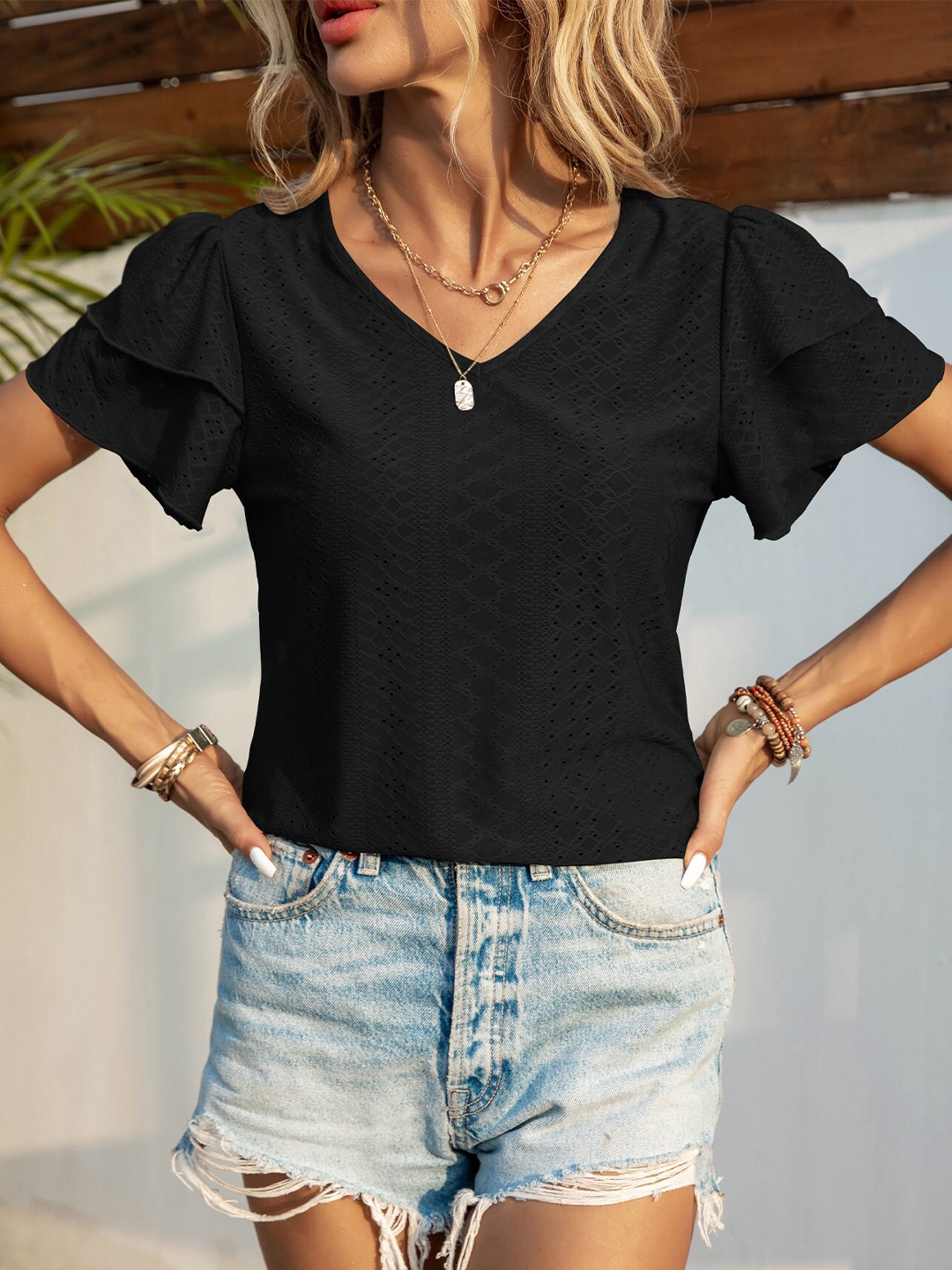 

BoStreet Black V-Neck Puff Sleeve Schiffli Top