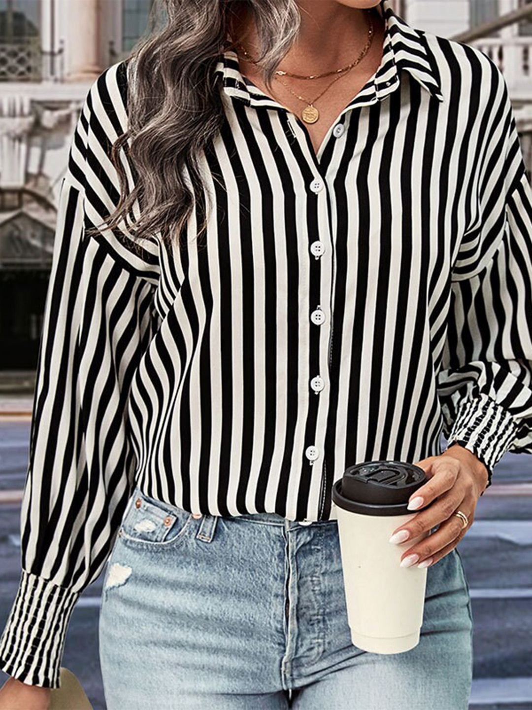 

StyleCast Striped Shirt Style Top, Black