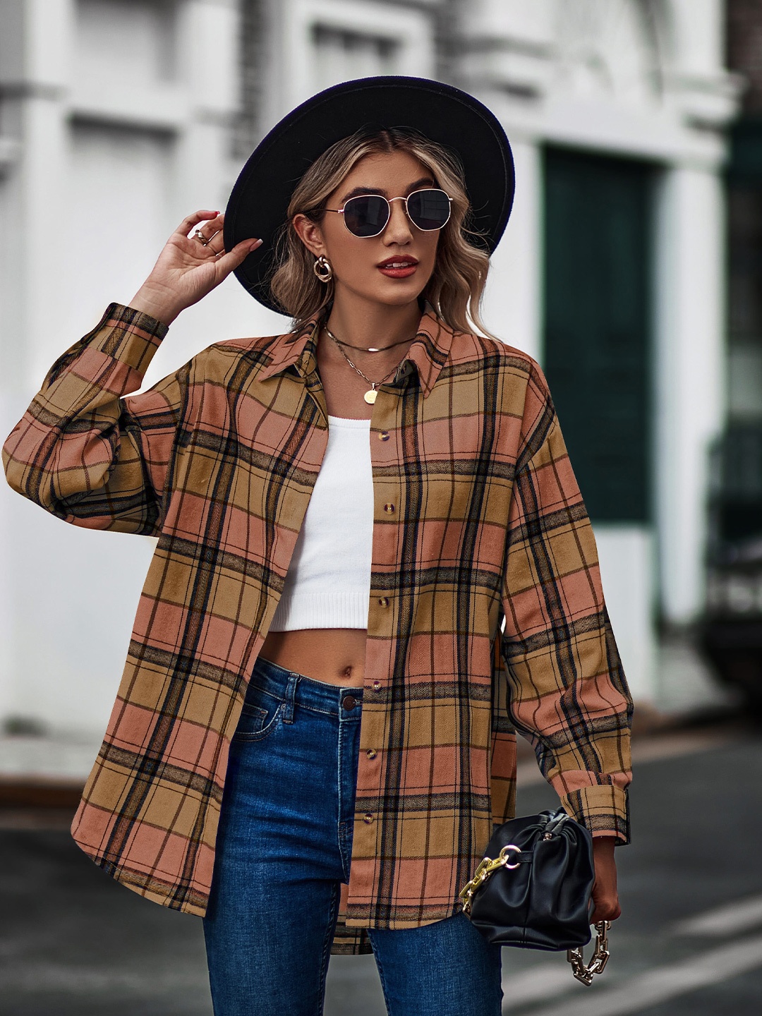 

StyleCast Brown Checked Spread Collar Shirt