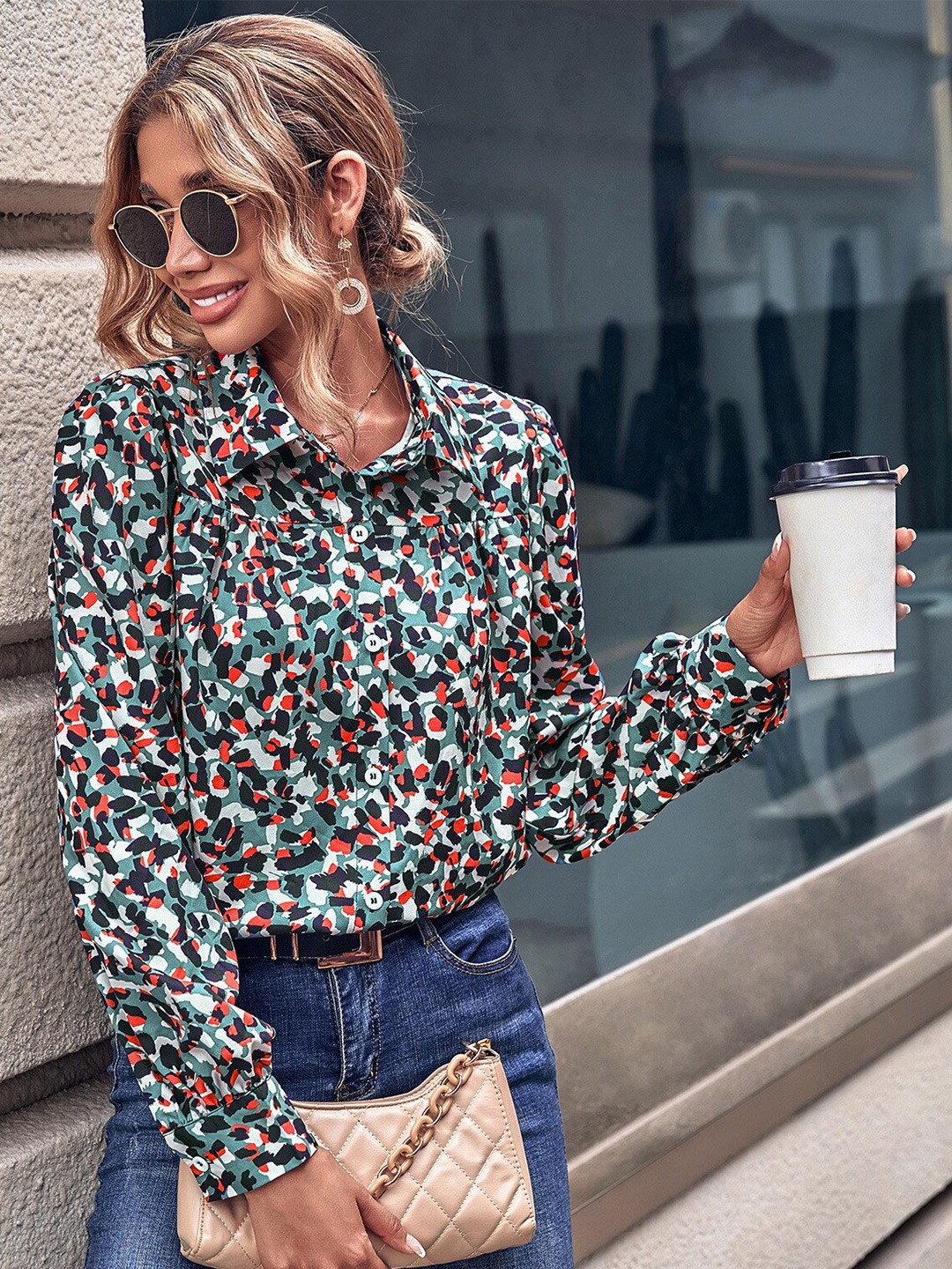 

BoStreet Abstract Printed Shirt Style Top, Green