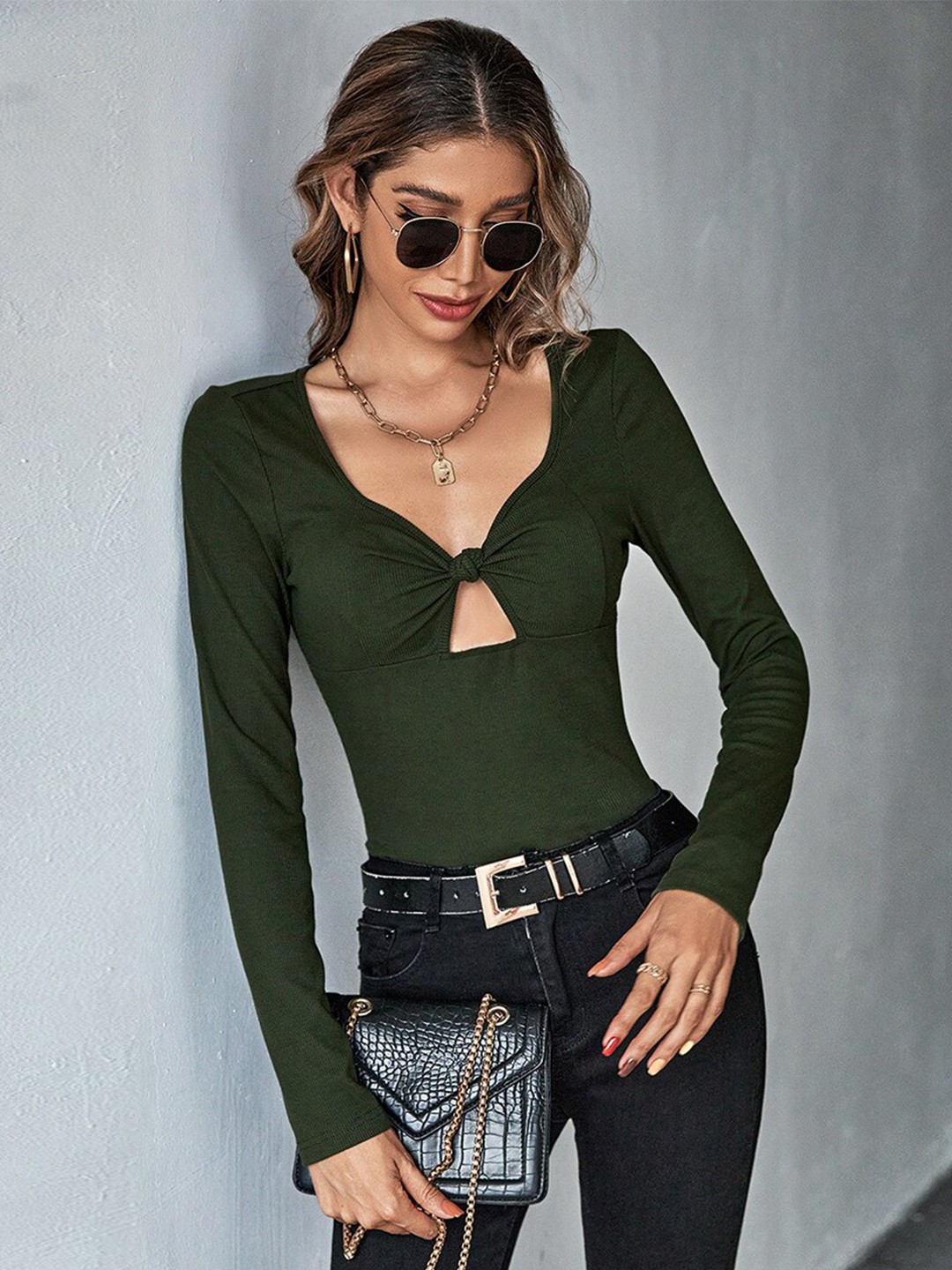 

StyleCast Long Sleeves Cut Outs Fitted Top, Green