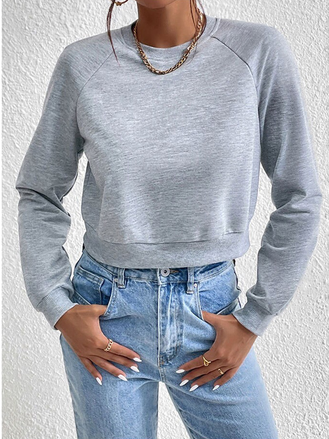 

StyleCast Grey Round Neck Full Sleeve Cropped Top