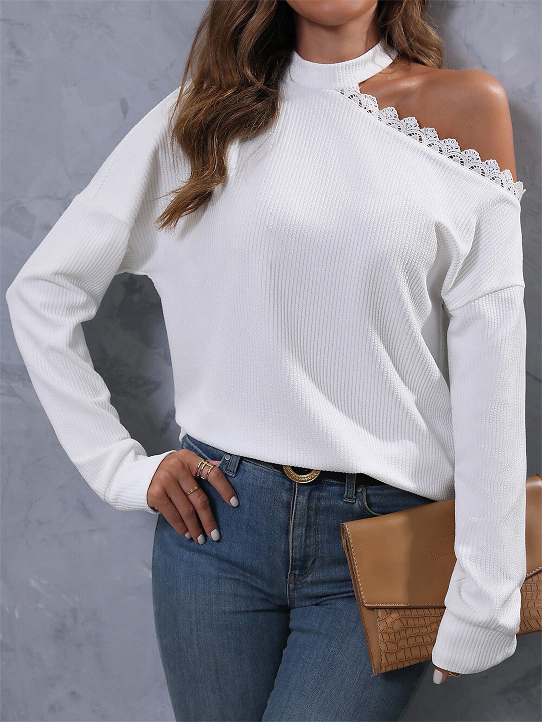 

BoStreet White Striped High Neck Lace Detail Top