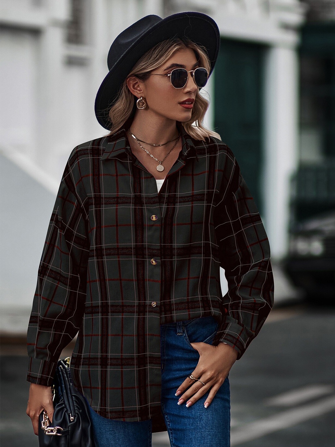 

StyleCast Checked Spread Collar Casual Shirt, Black